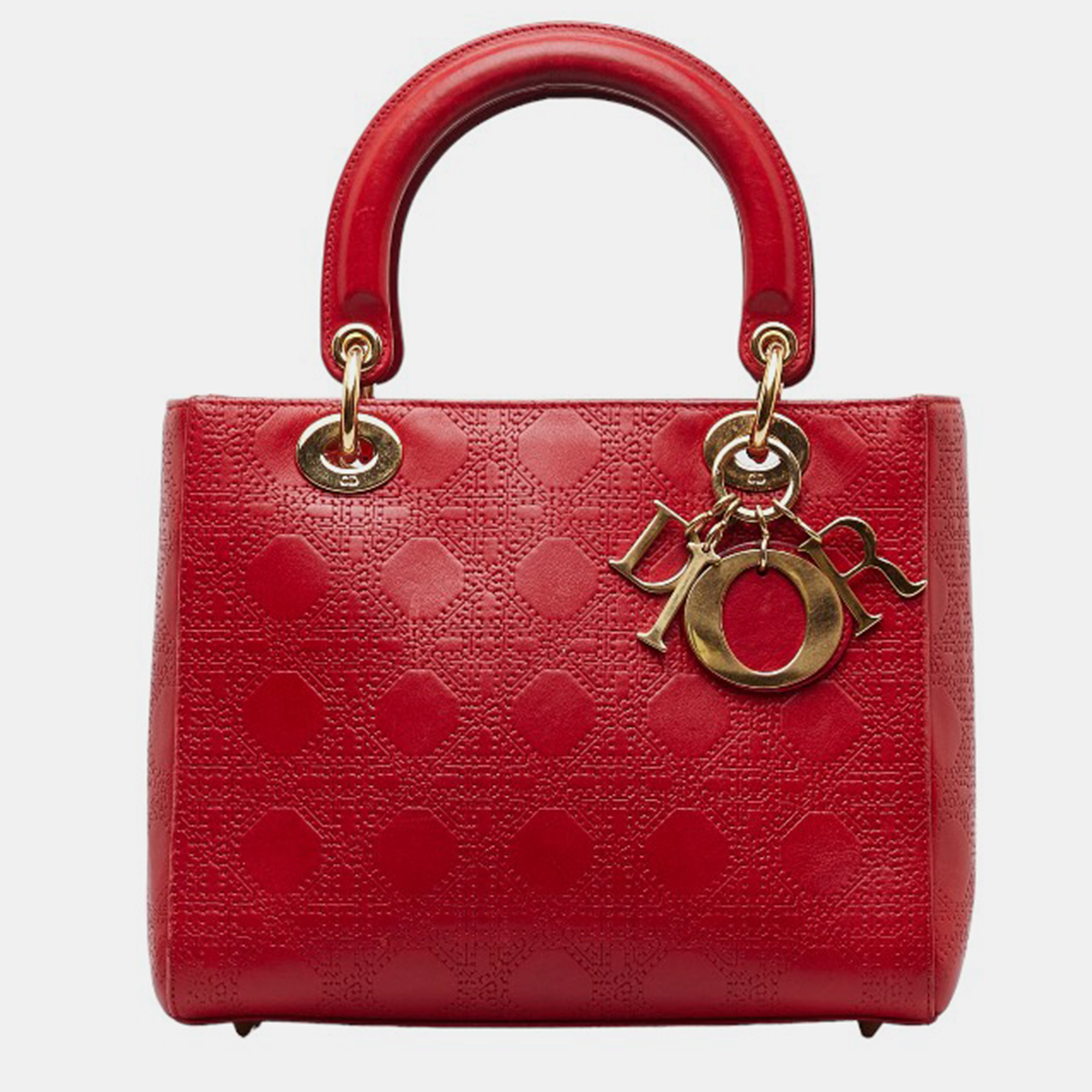 Dior red embossed lambskin cannage medium lady dior handle bags