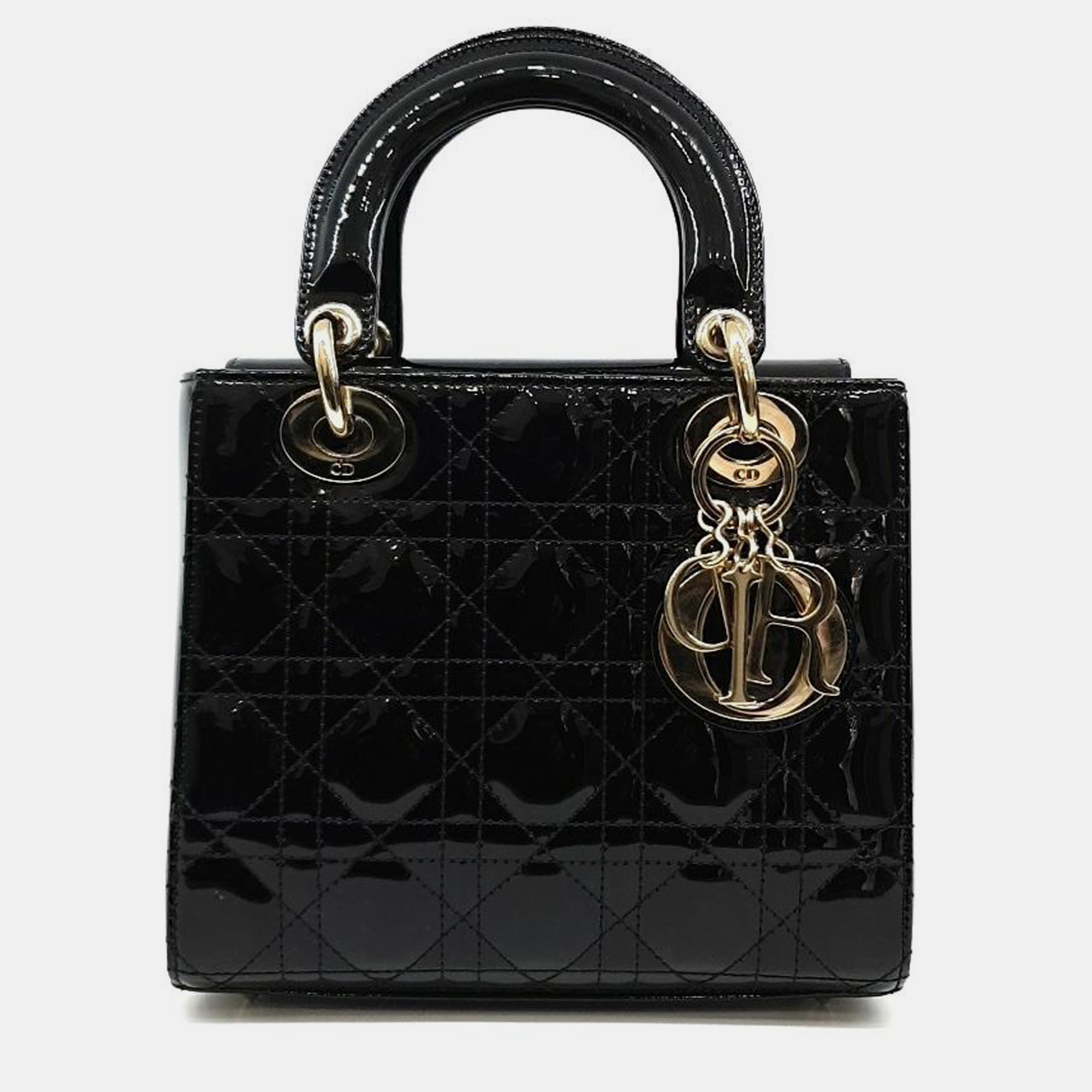 Dior black patent leather small lady dior tote bag