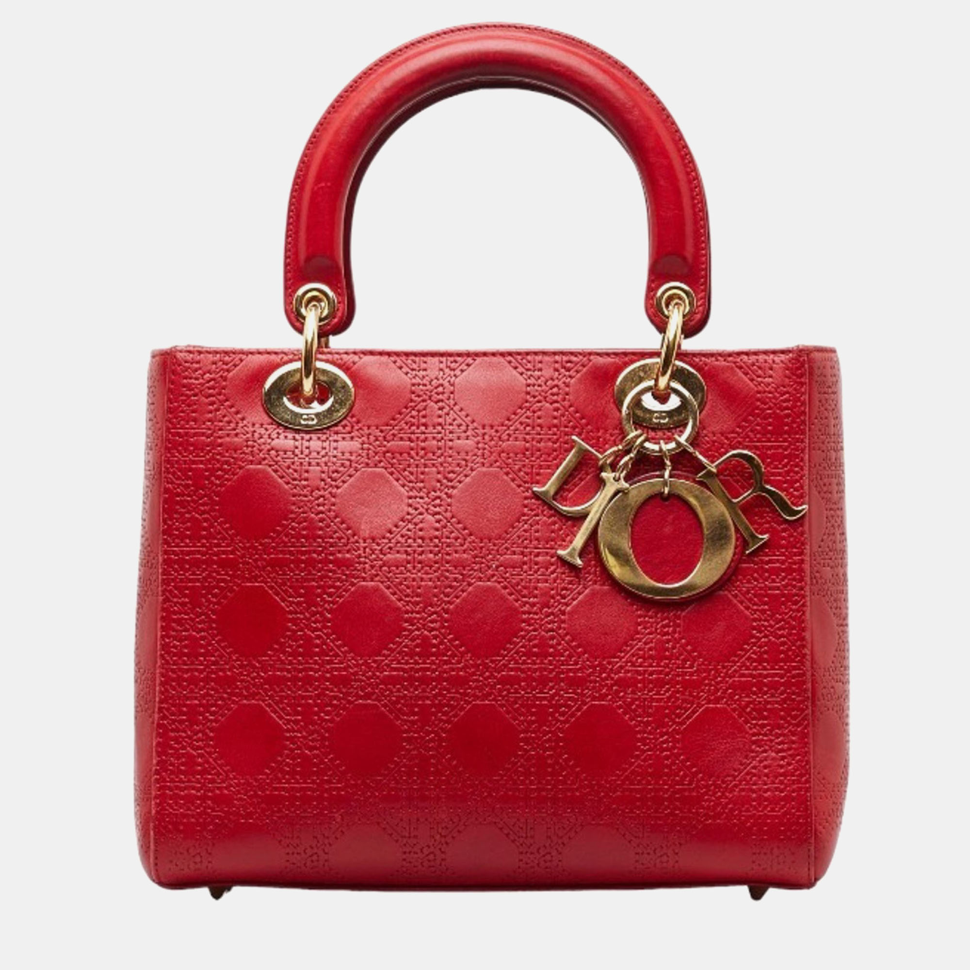Dior red leather medium lady dior tote bag