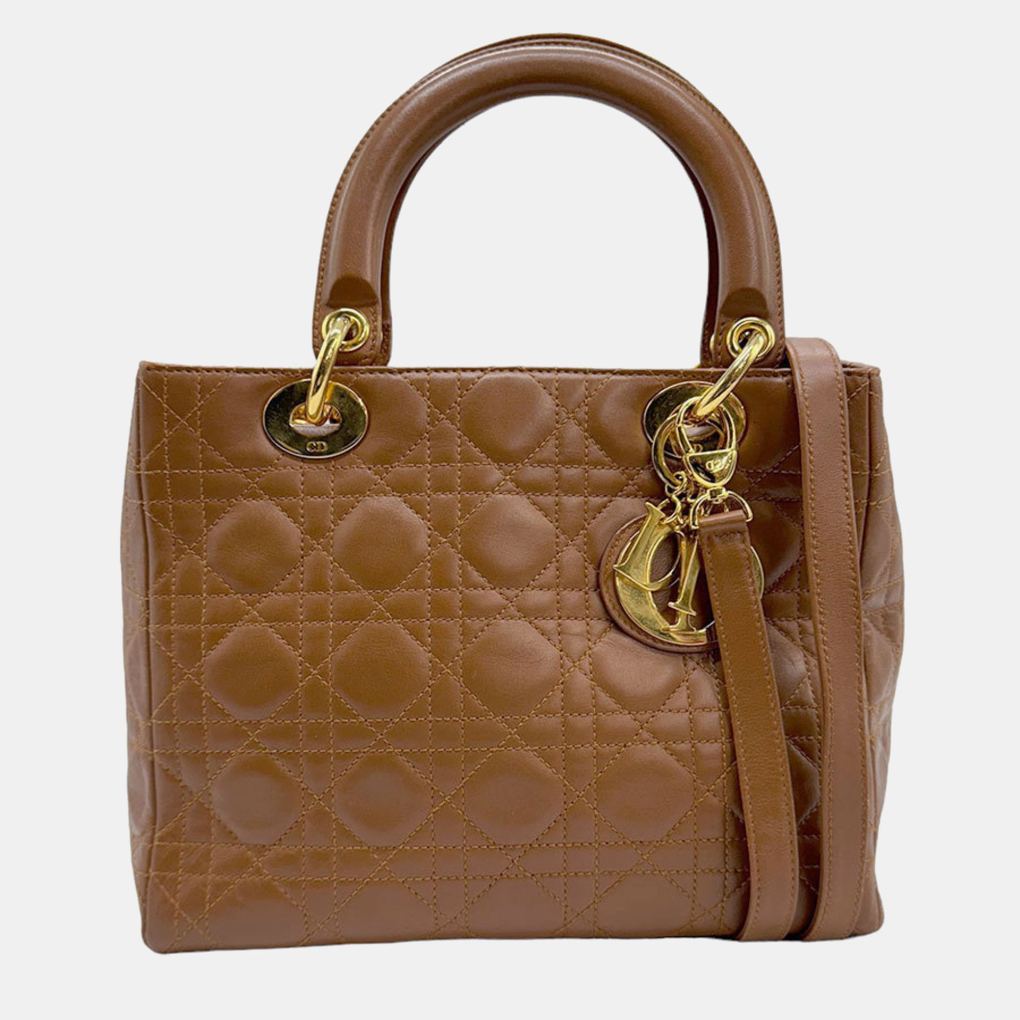 Dior brown leather medium lady dior tote bag