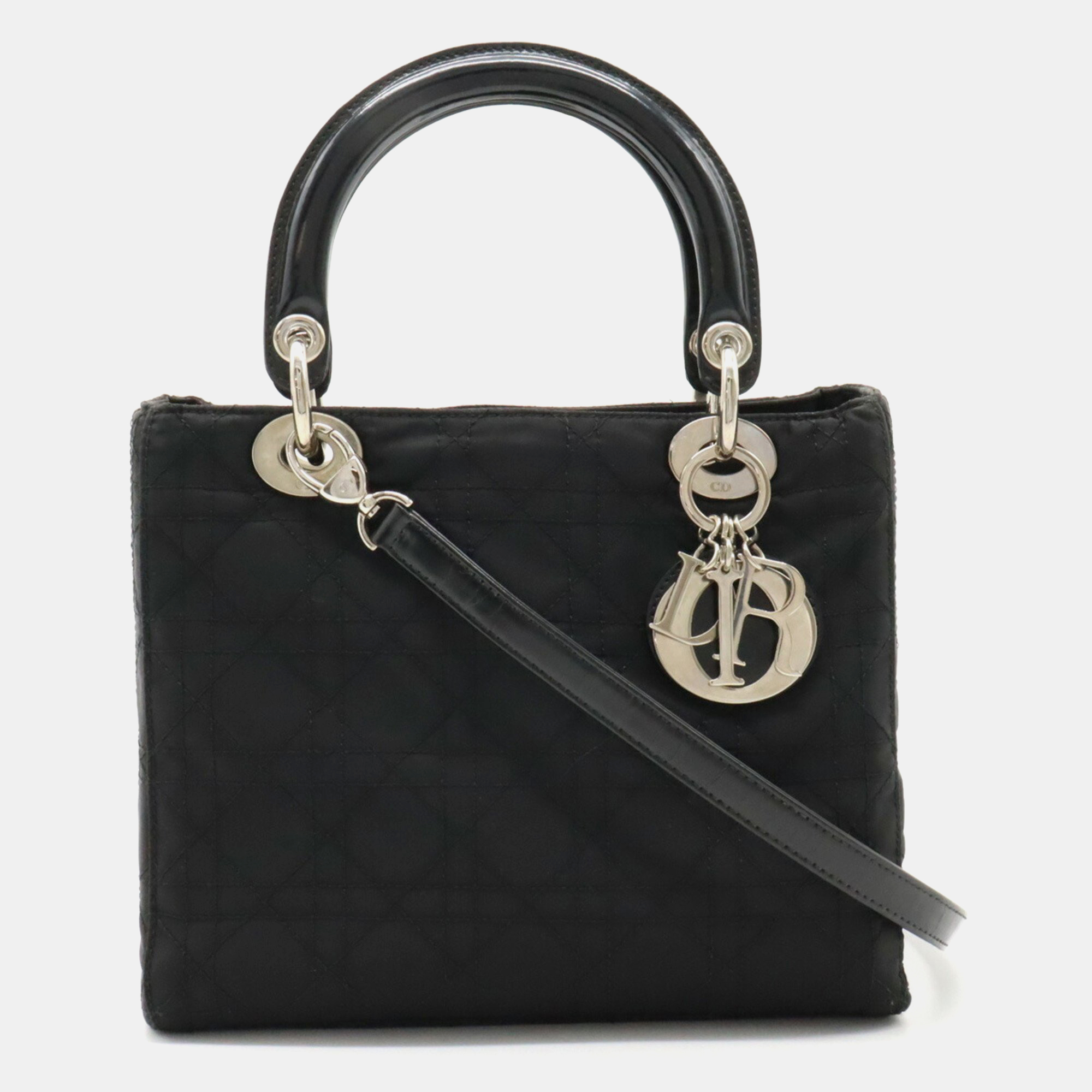 Dior black nylon medium lady dior tote bag