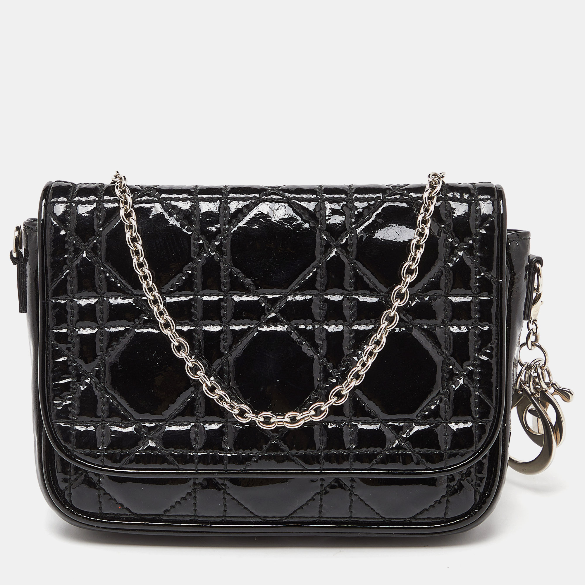 Dior black cannage patent leather lady dior chain crossbody bag