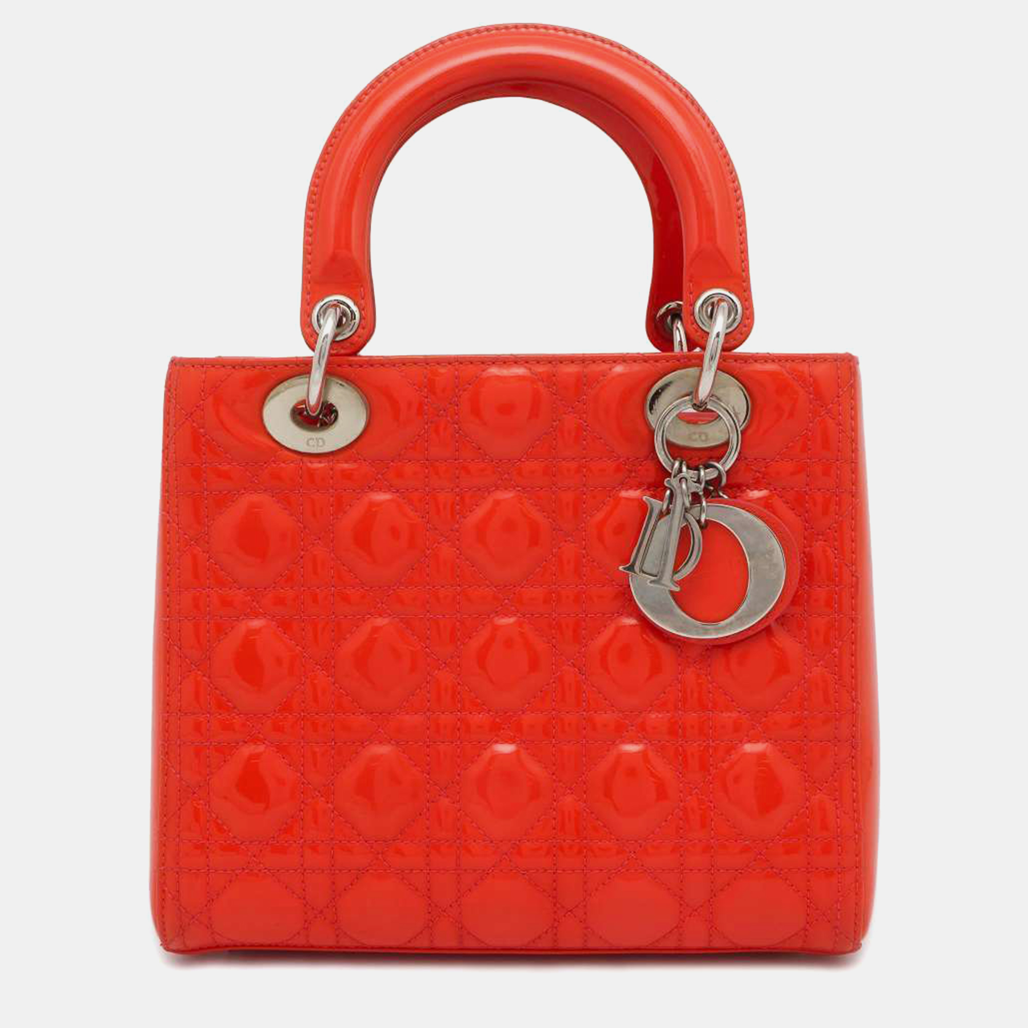 Dior orange patent leather medium lady dior handbag