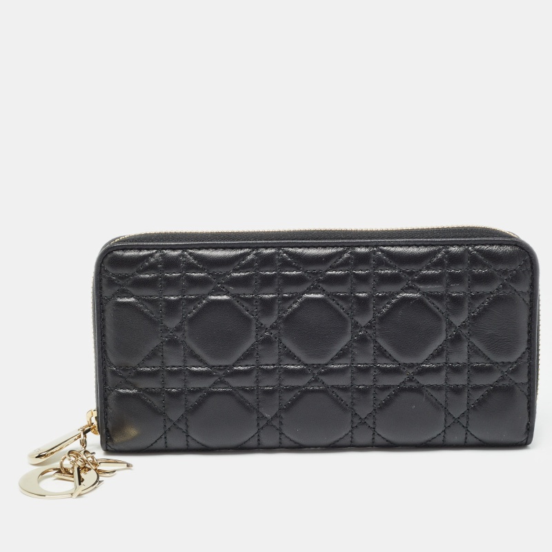 Dior black cannage leather lady dior zip around wallet