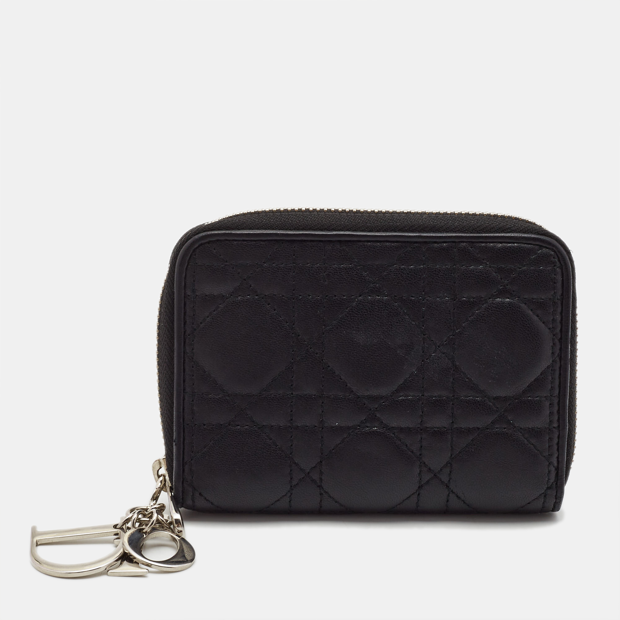 Dior black cannage leather lady dior zip compact wallet