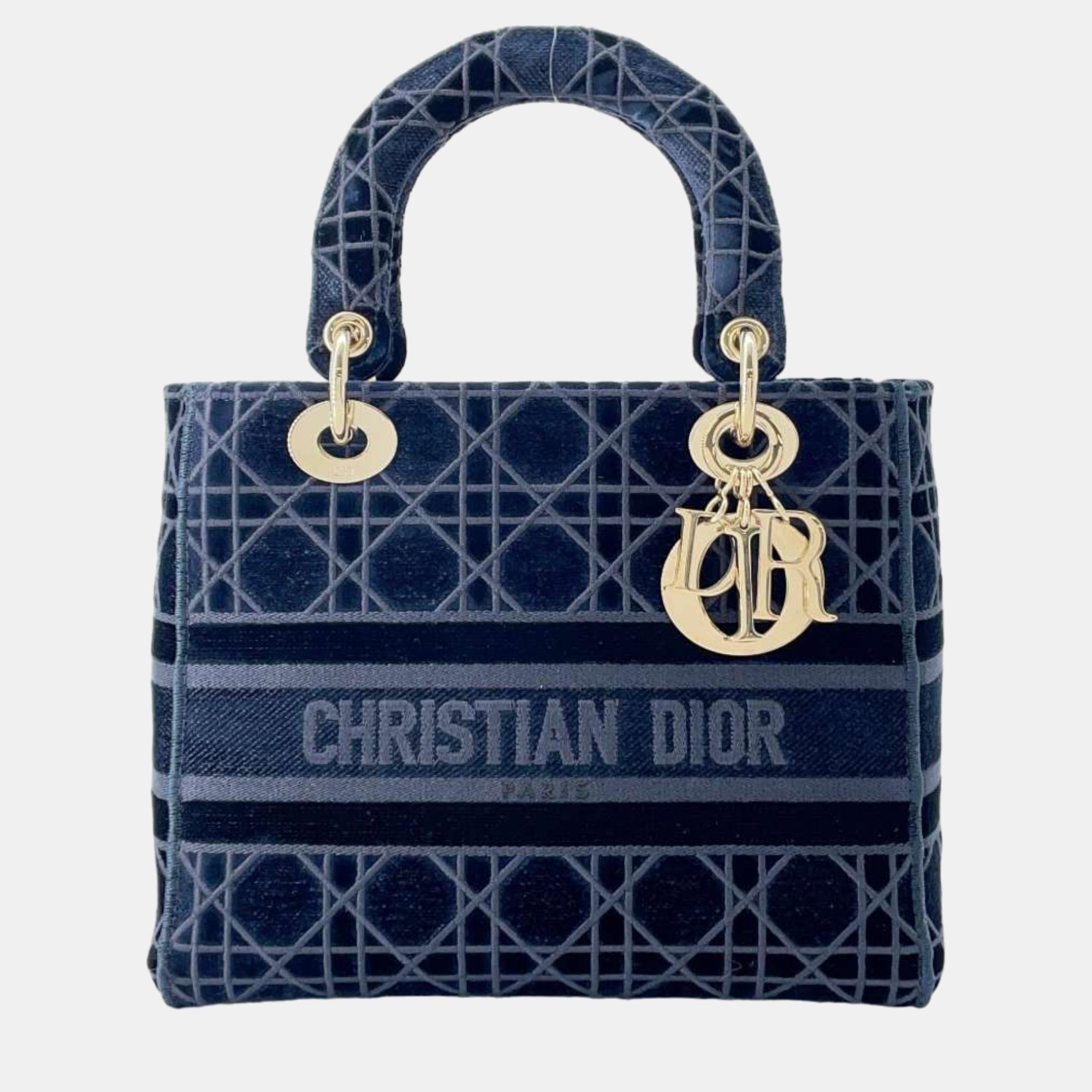 Dior navy blue velvet medium lady d-lite tote bag