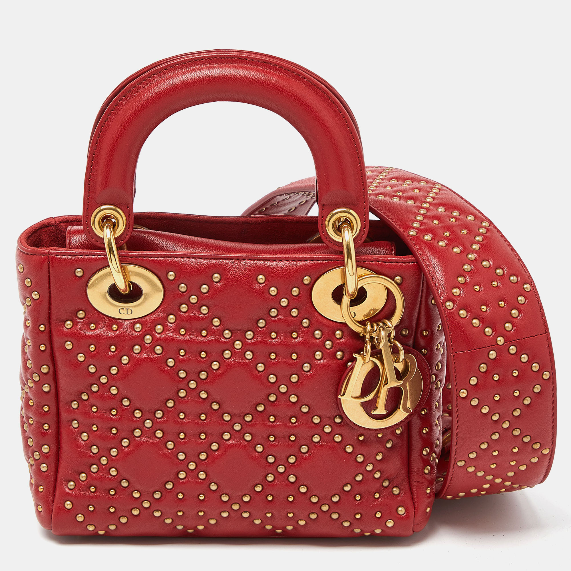 Dior red leather mini lady dior studded tote