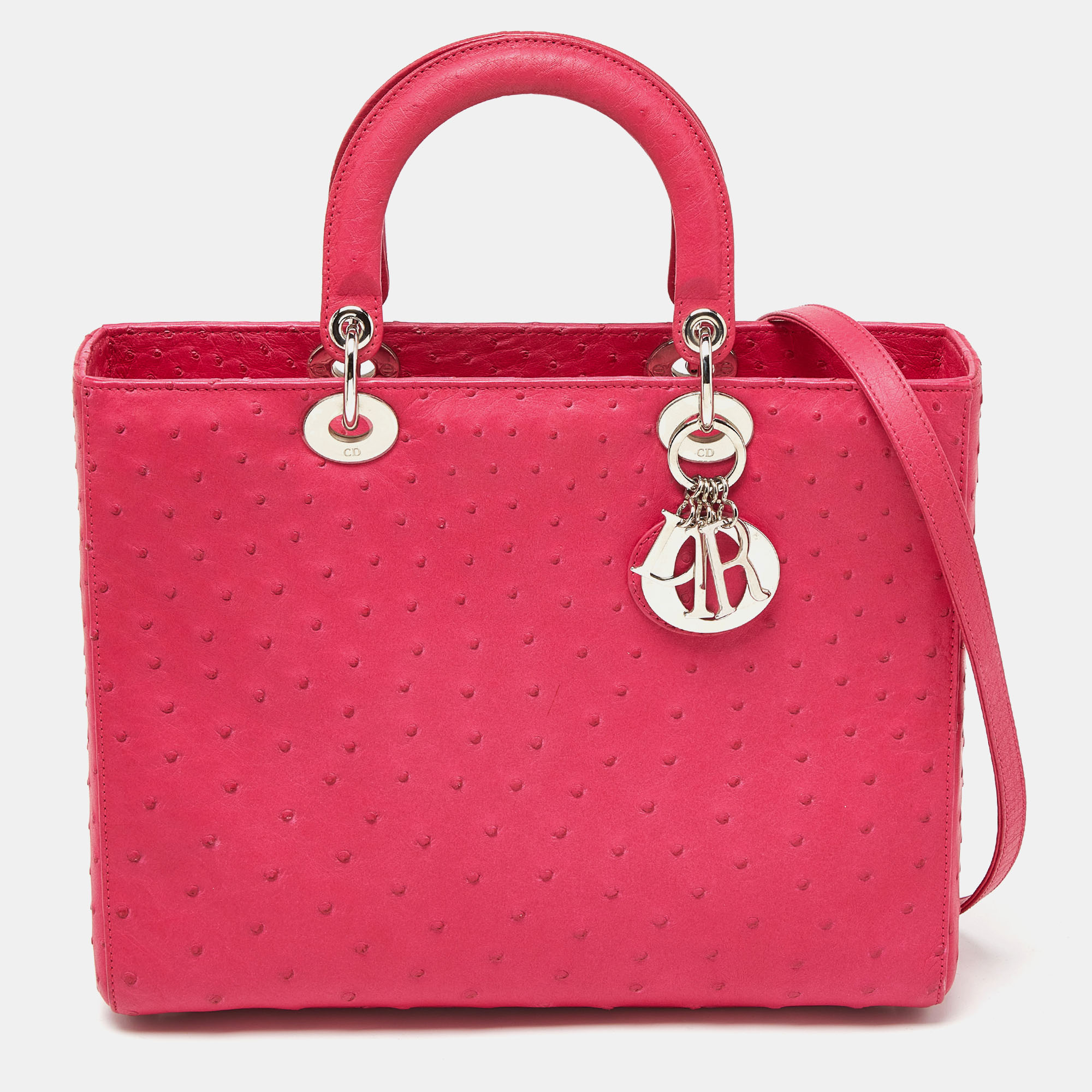 Dior pink ostrich leather large lady dior tote