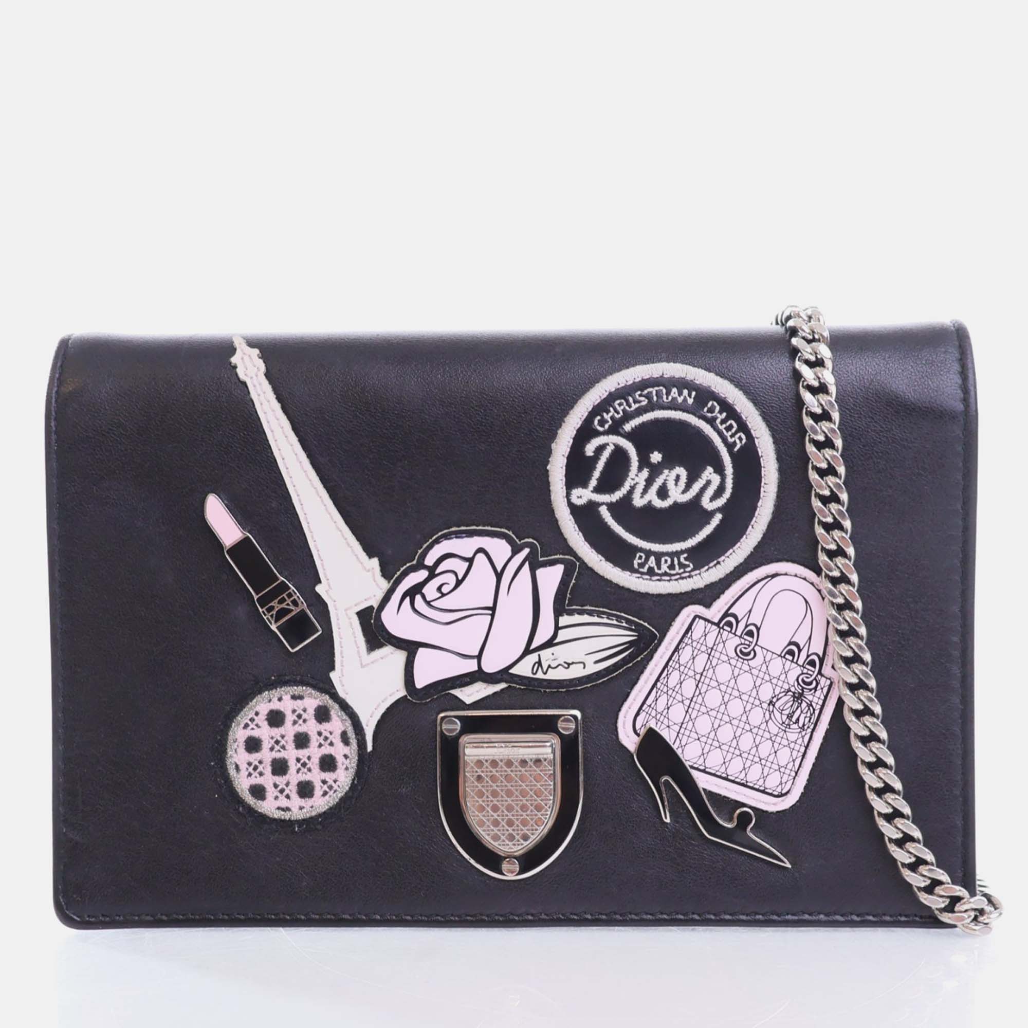 Dior black leather diorama wallet on chain