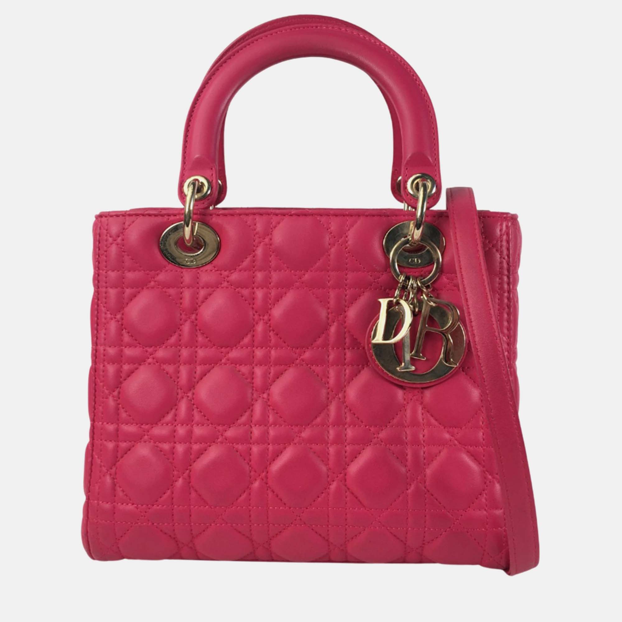 Dior pink leather medium lady dior tote bag
