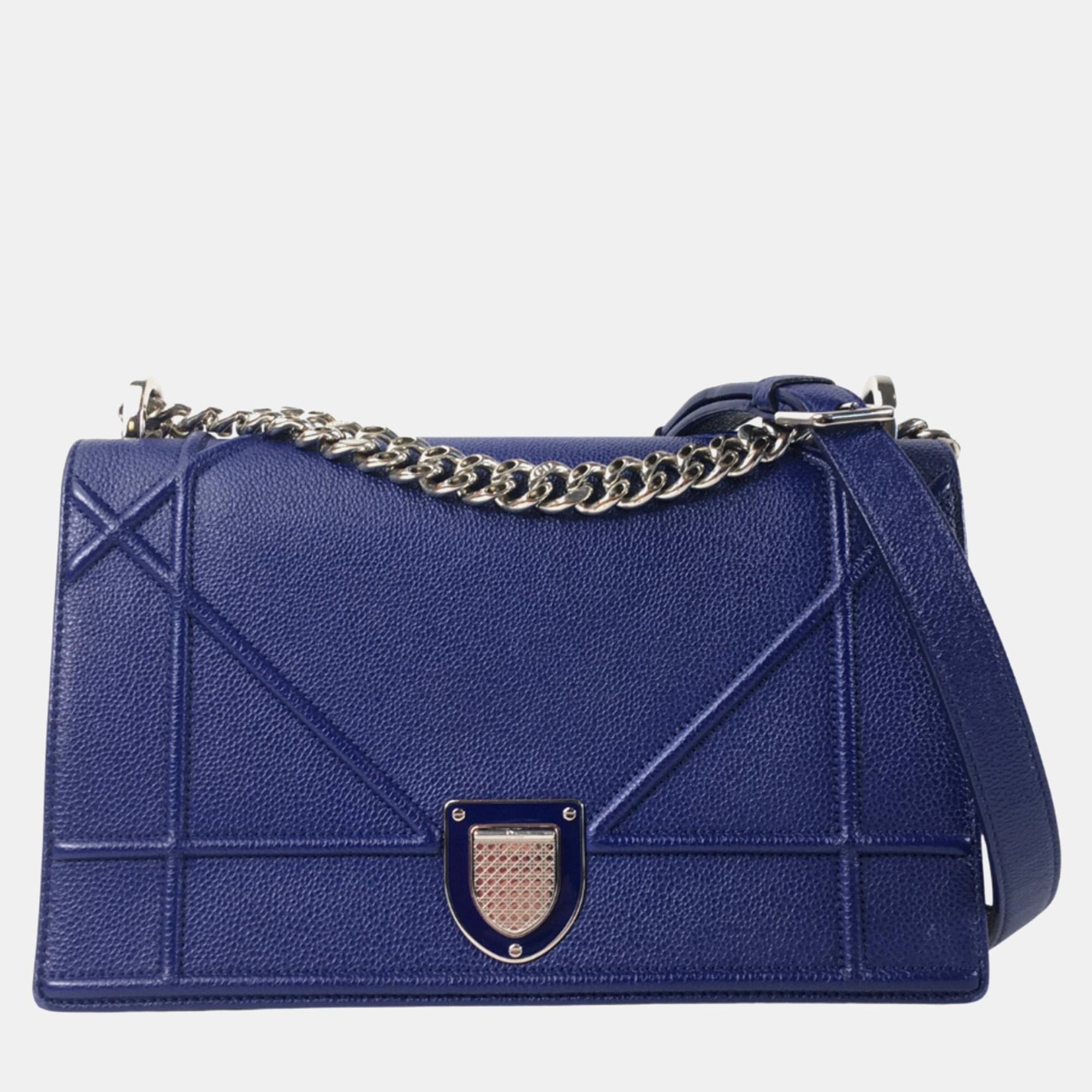 Dior blue grained calfskin leather medium diorama shoulder bag
