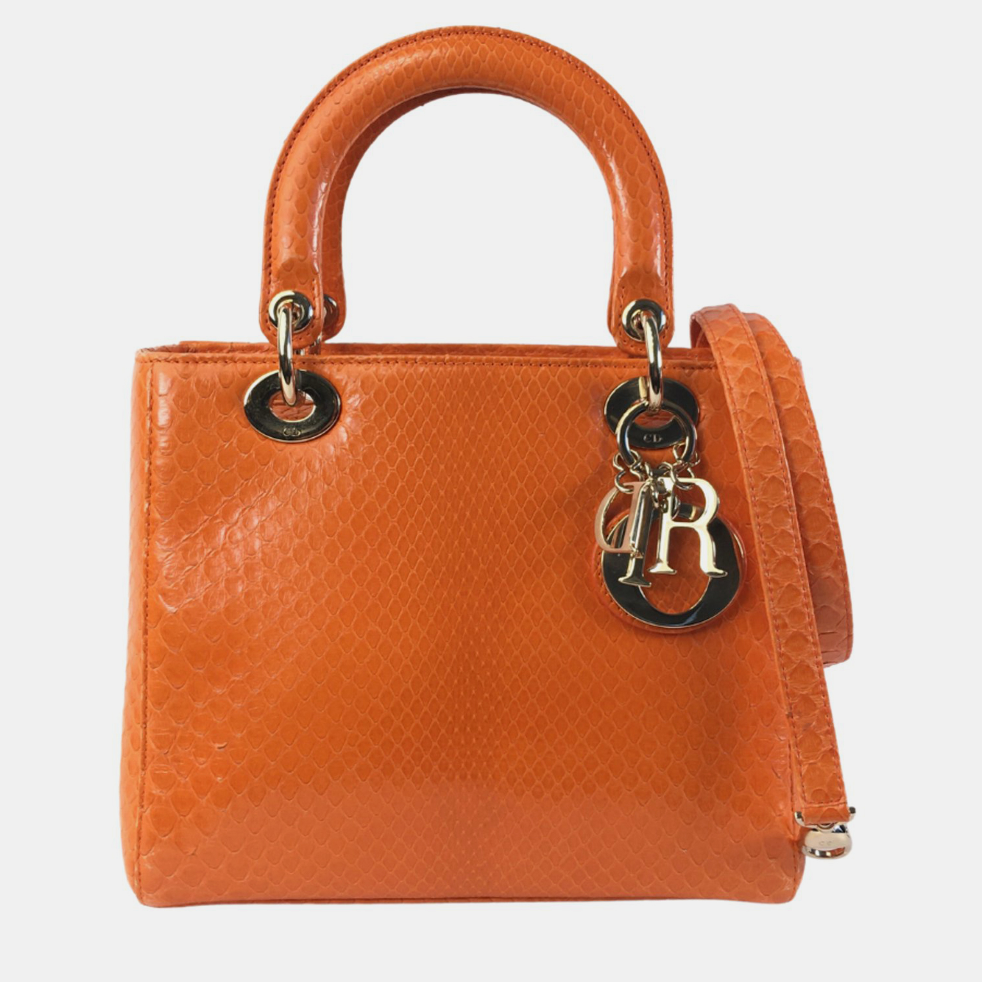 Dior orange python leather medium lady dior tote bag