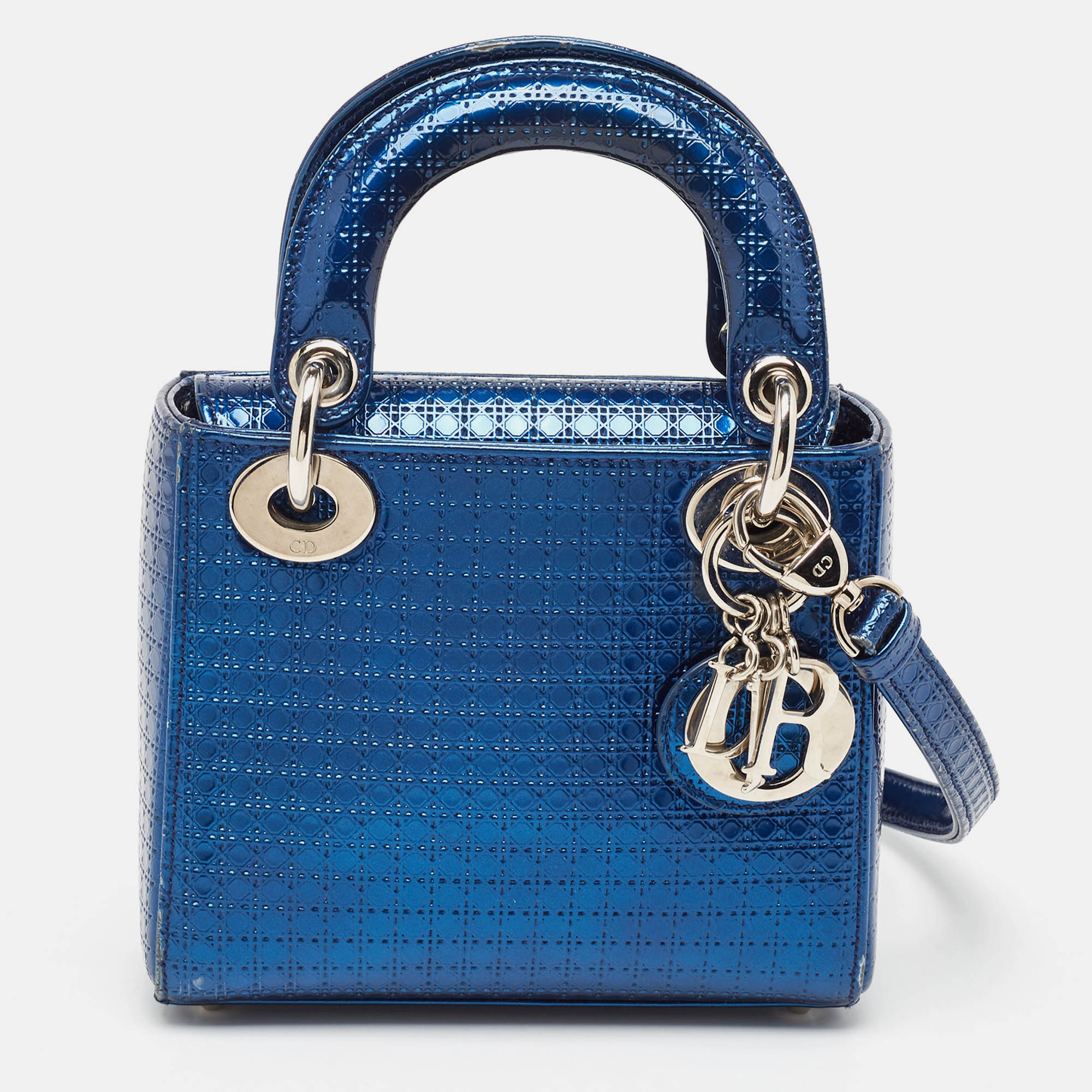Dior metallic blue microcannage patent leather mini lady dior tote