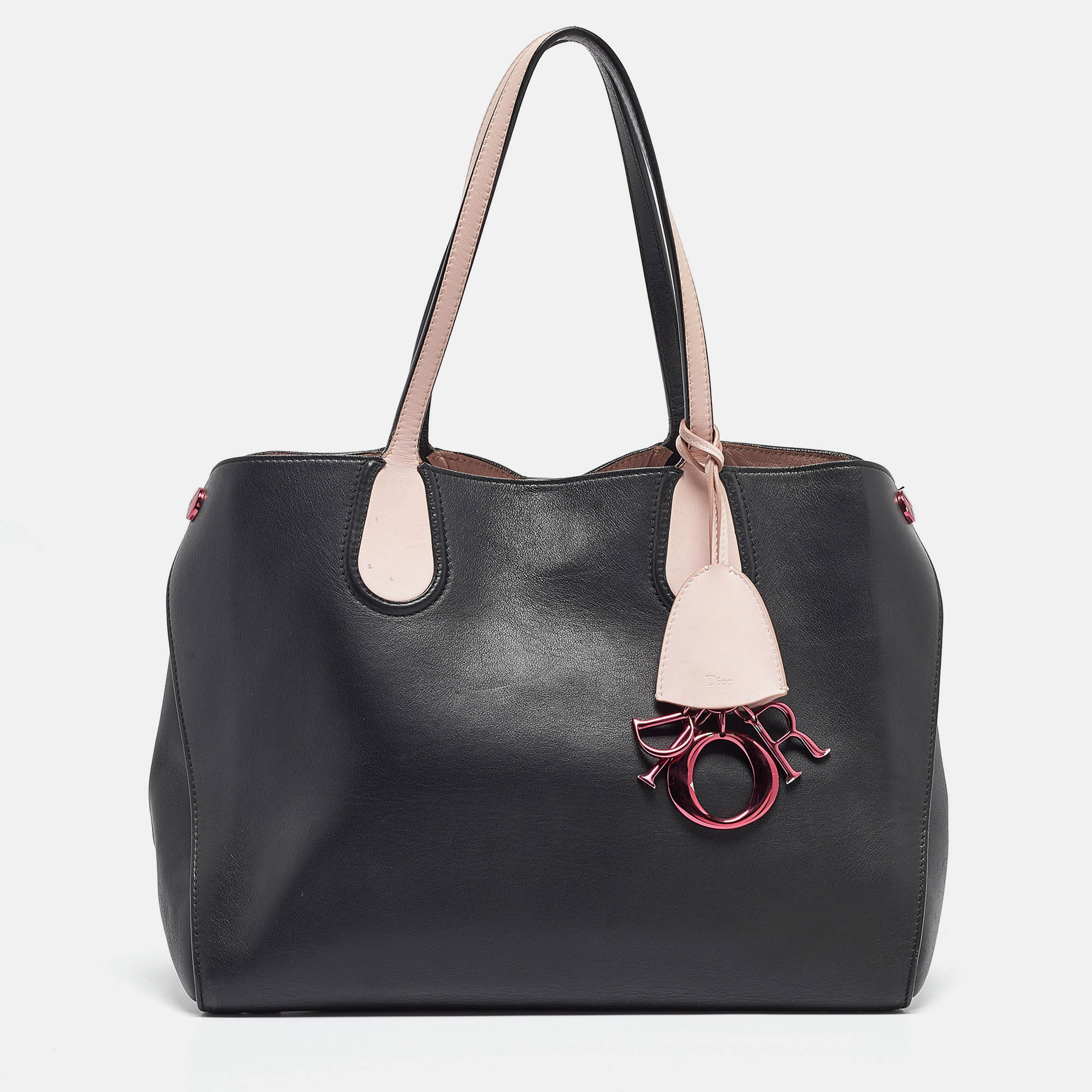 Dior black/pink leather small dior addict shopping tote