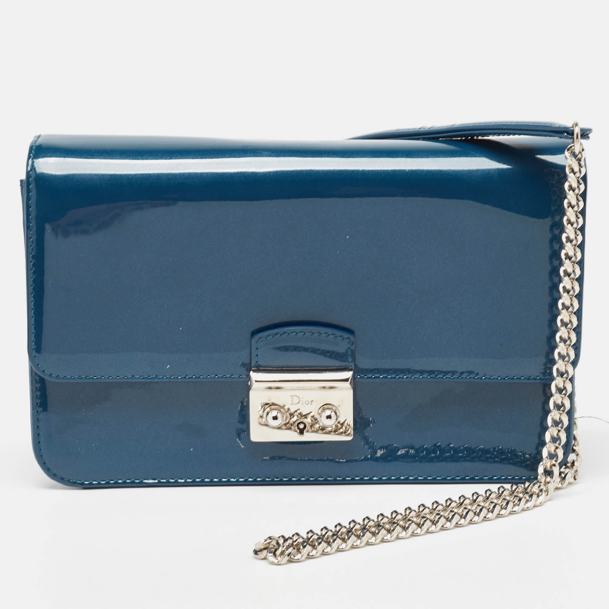 Dior dark blue patent leather miss dior promenade wallet on chain