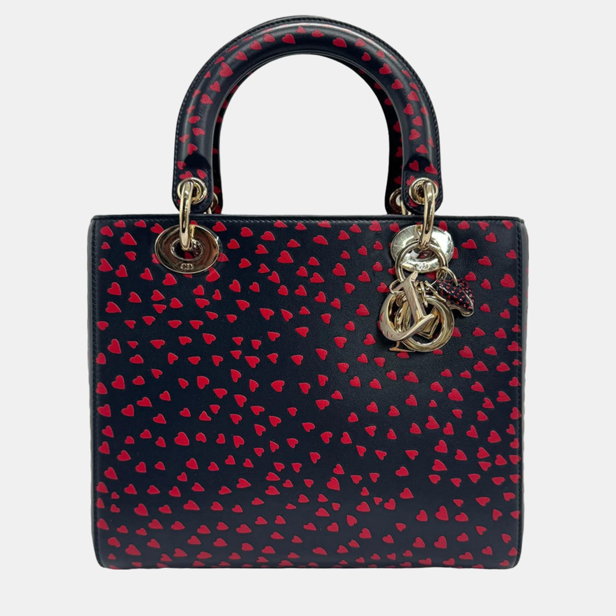 Dior black/red leather medium i love paris lady dior tote bag