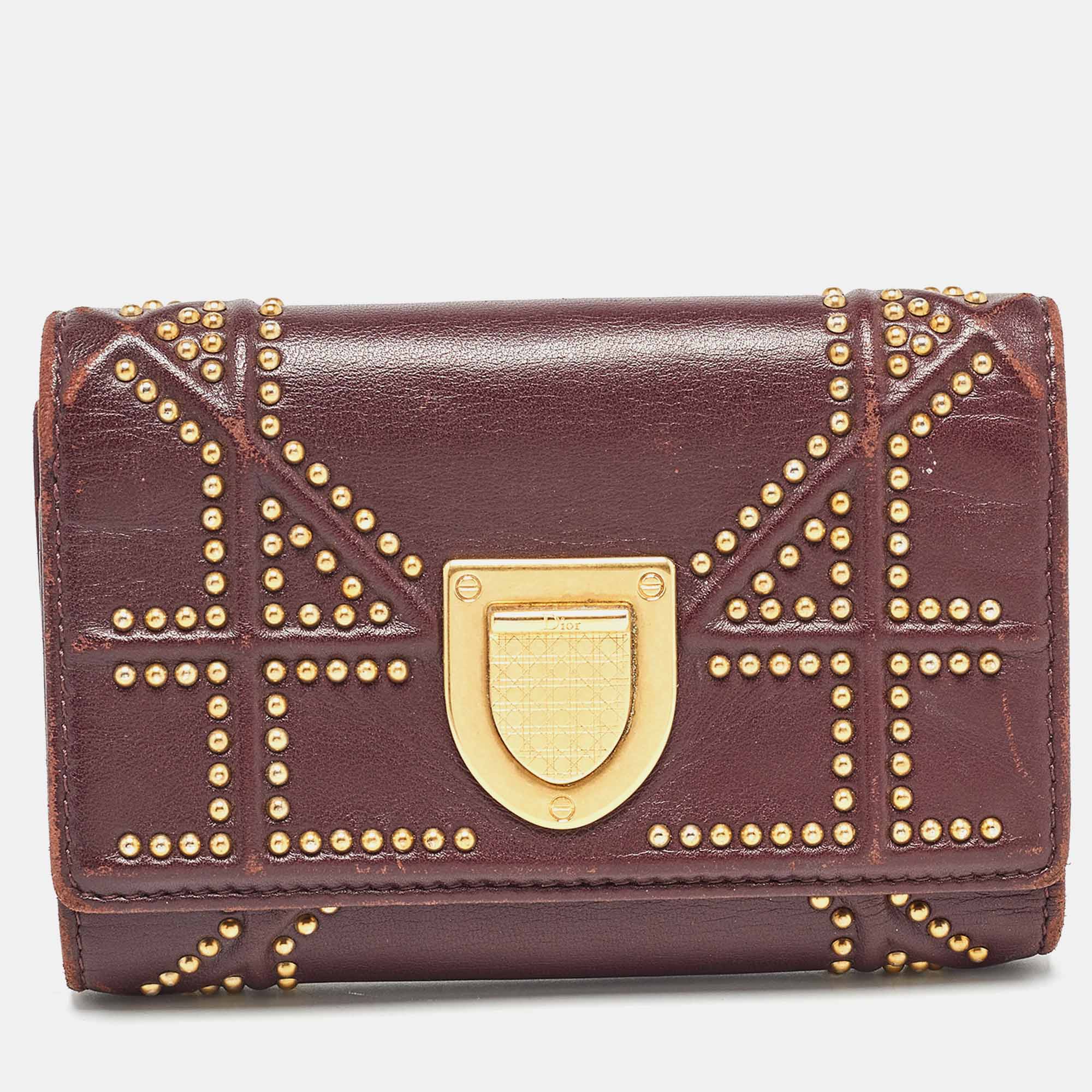 Dior burgundy leather studded diorama trifold wallet