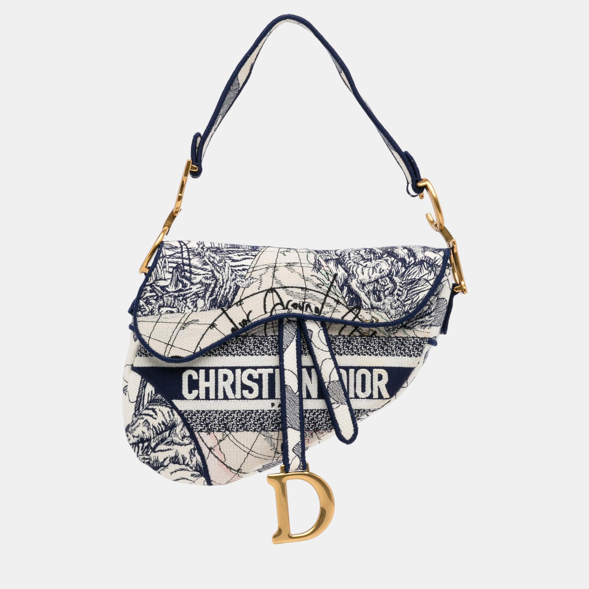 Dior white black embroidered canvas around the world saddle bag