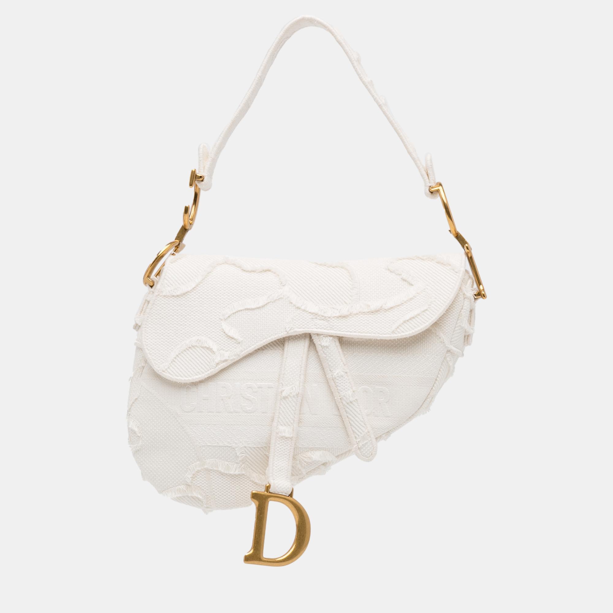 Dior white embroidered canvas camouflage saddle