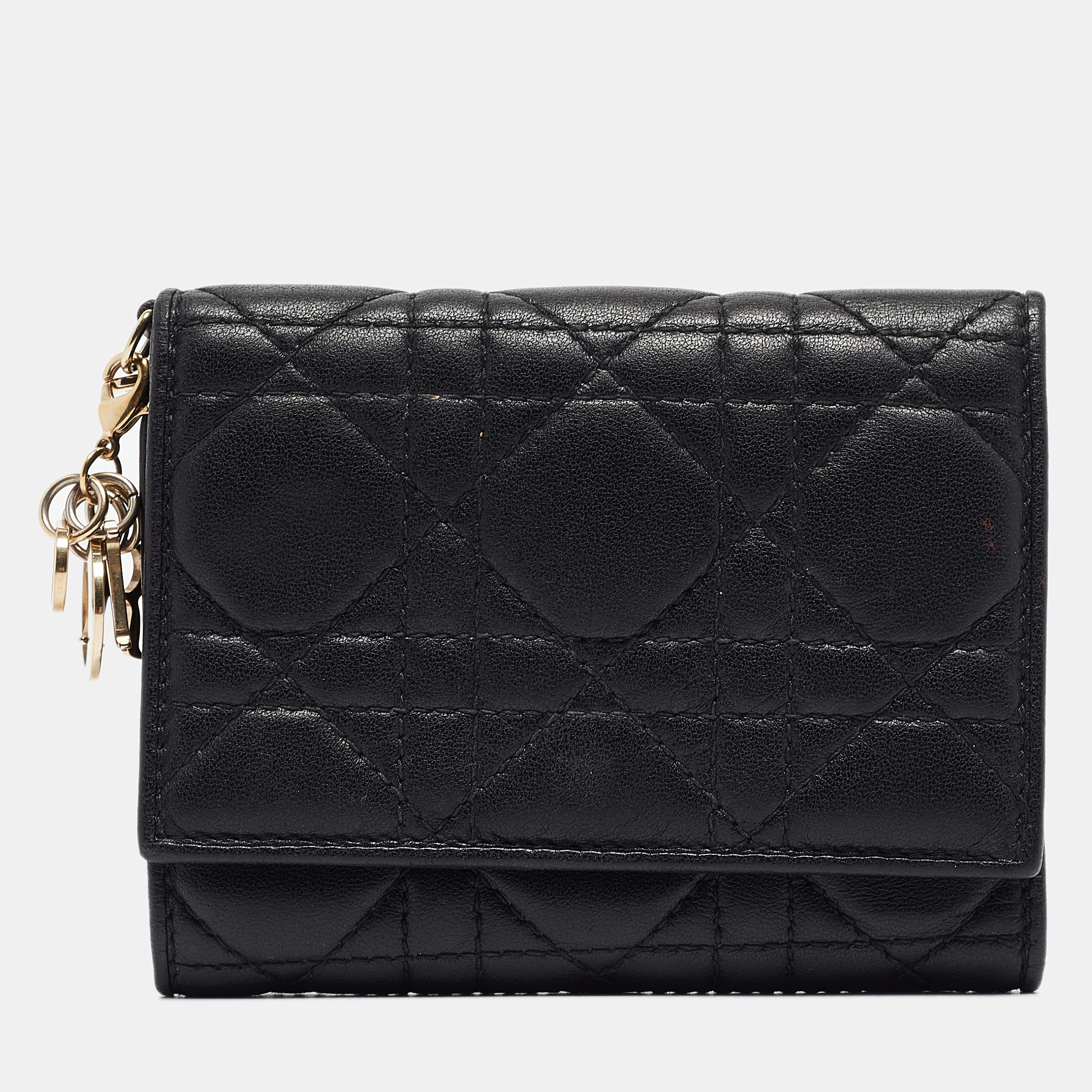 Dior black cannage leather lady dior trifold wallet