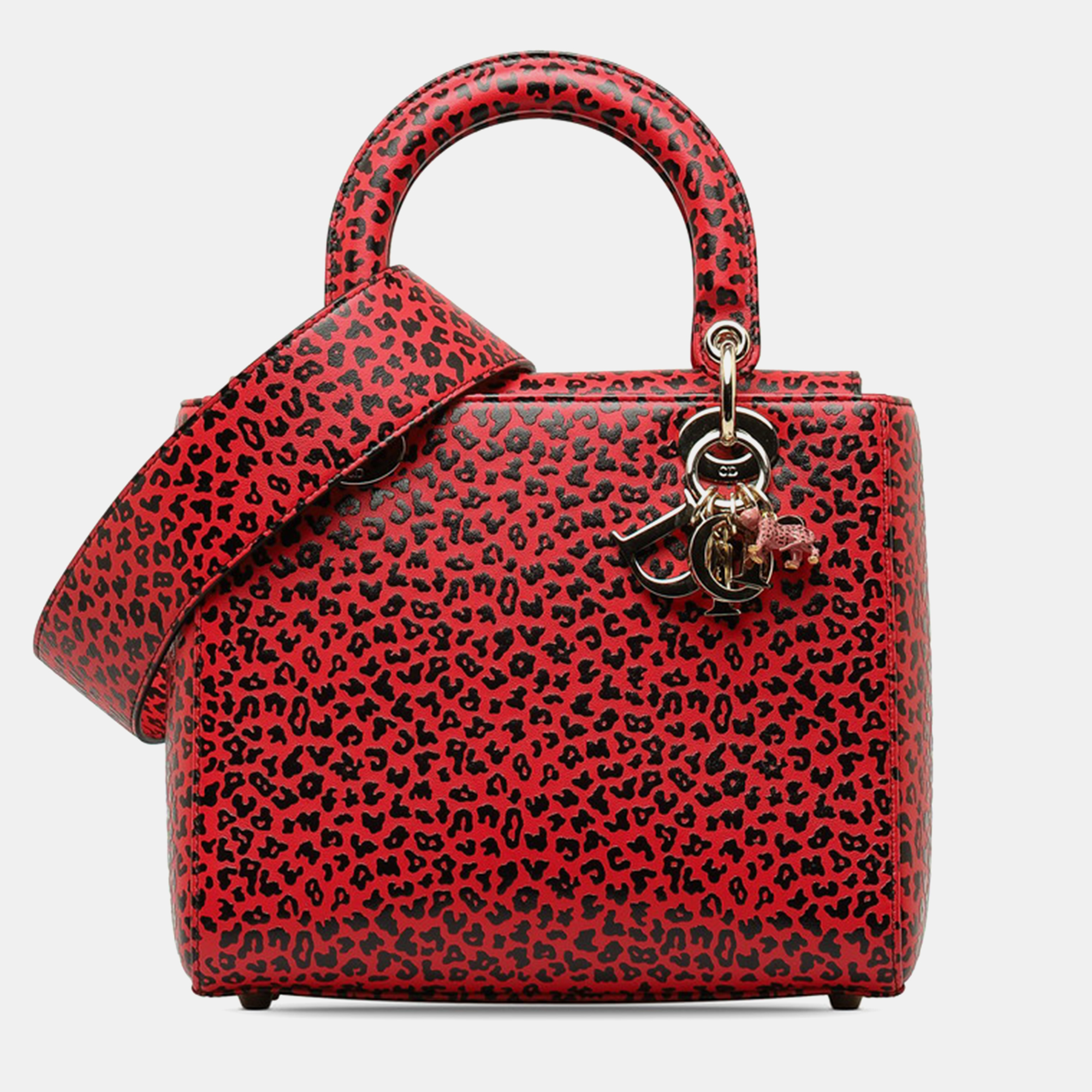 Dior red/black leather medium lady dior top handle bag