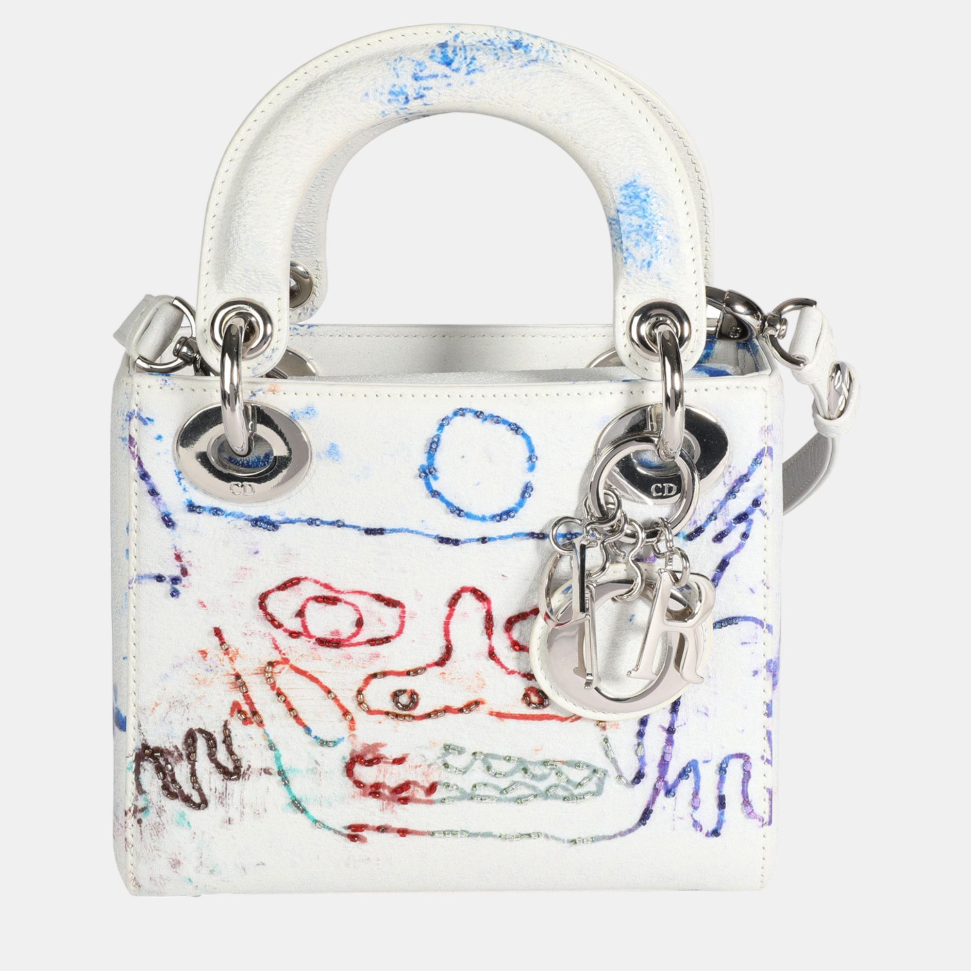 Dior x spencer white leather sweeney limited edition multicolor mini lady dior top handle bag