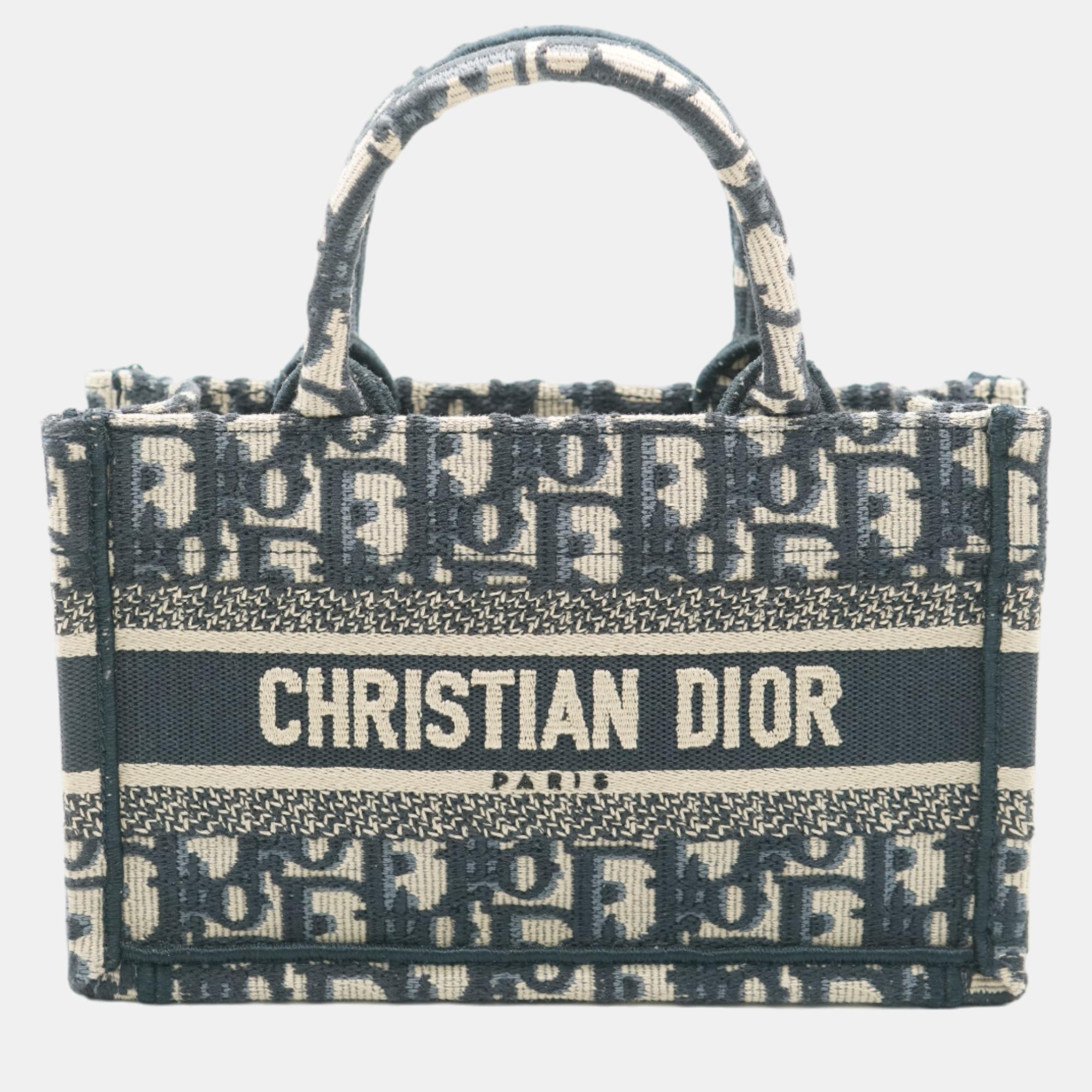 Christian dior navy oblique embroidered mini book tote bag