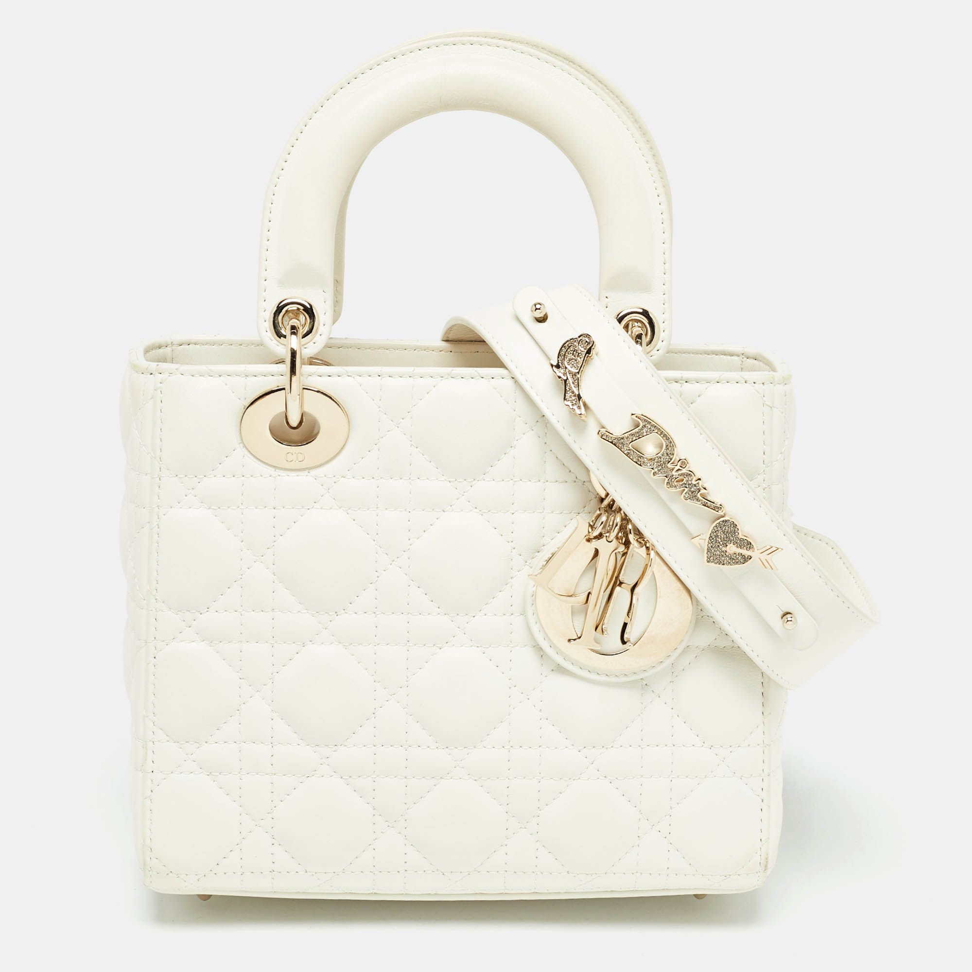 Dior off white cannage leather small lady dior my abcdior tote
