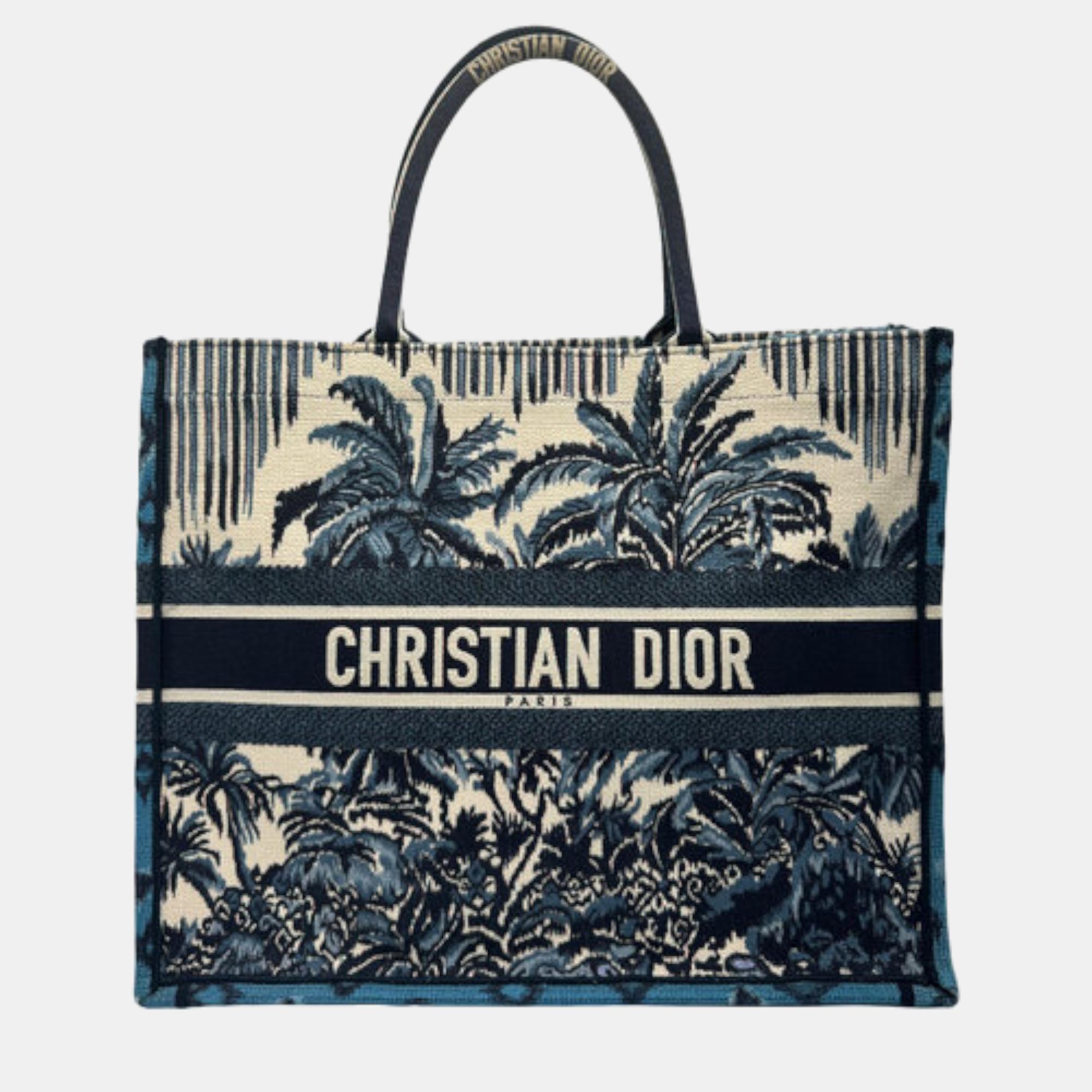 Dior blue canvas palm tree toile de jouy large book tote tote bag