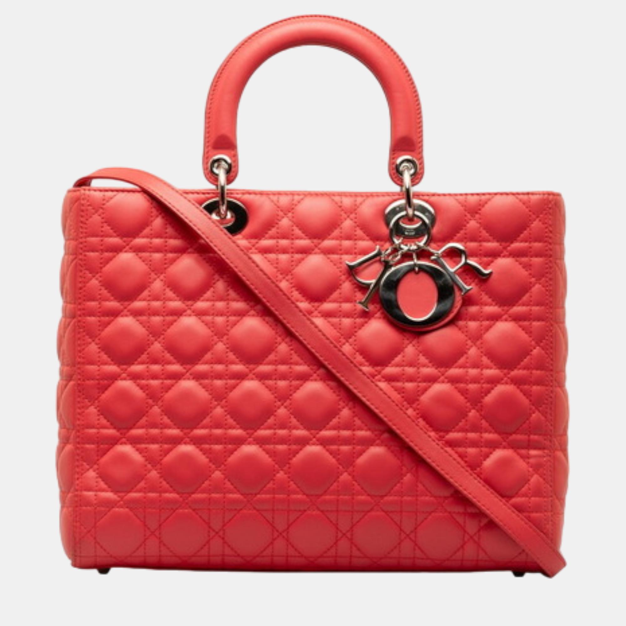 Dior red leather large lady dior top handle bags