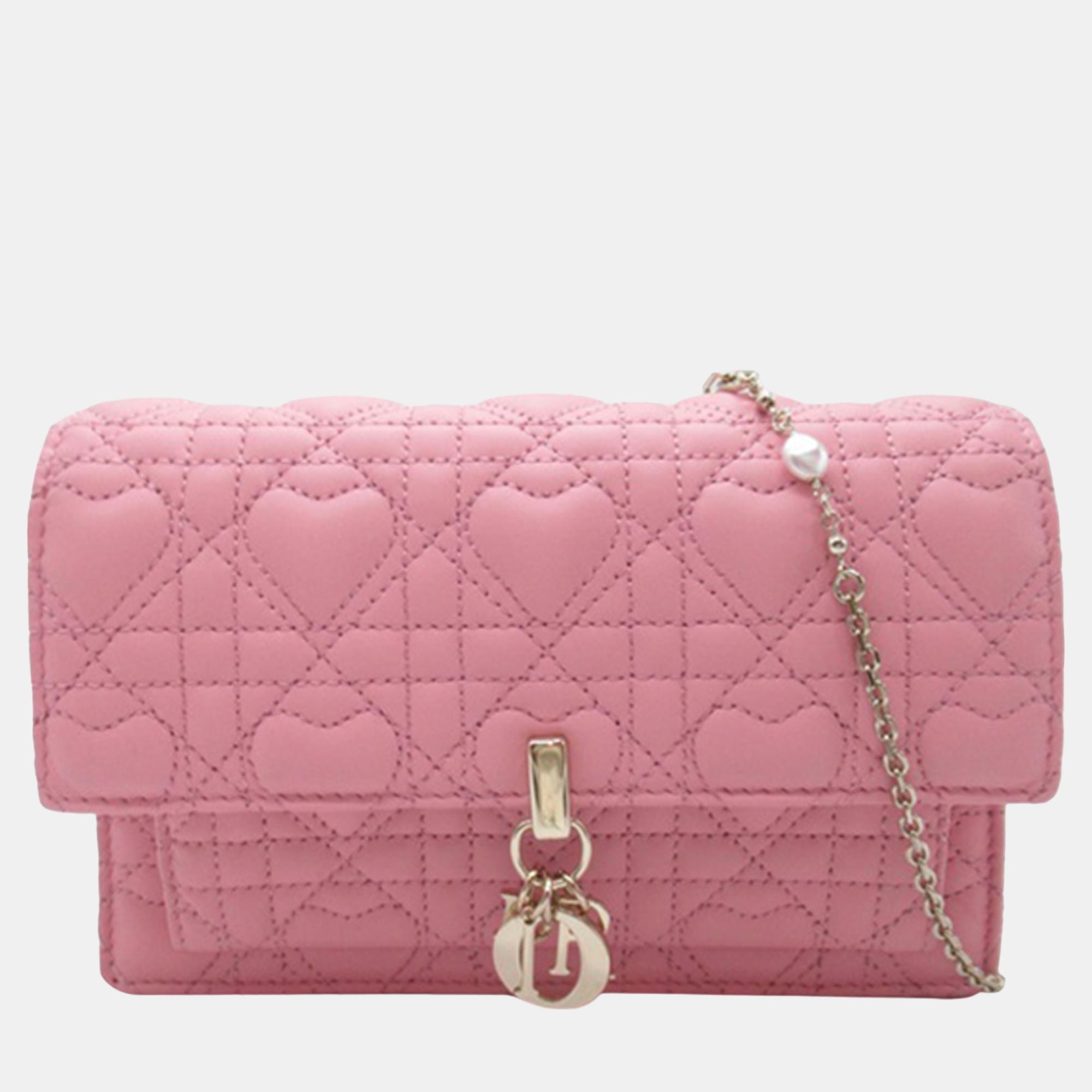 Dior pink lambskin heart motif cannage my dior daily chain pouch