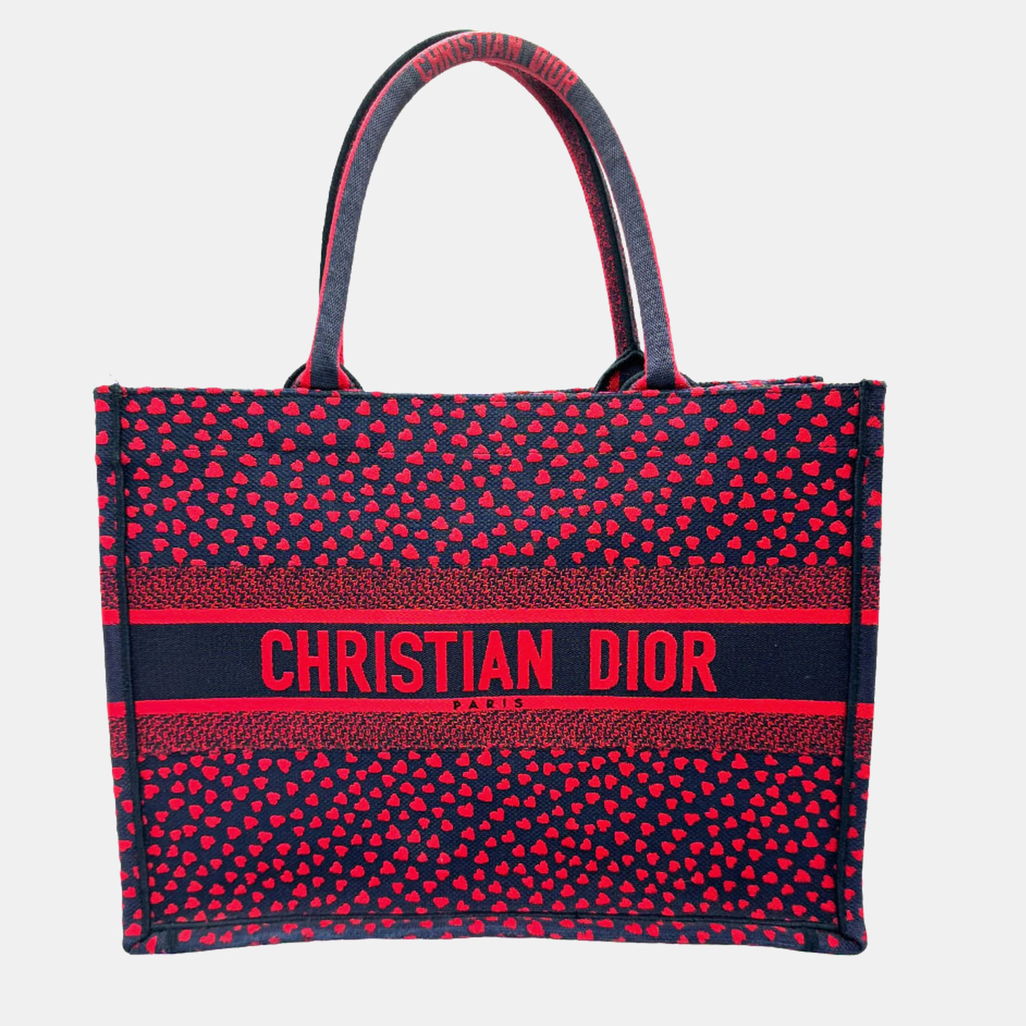 Dior navy blue/red canvas i love paris heart embroidered canvas medium book tote bag