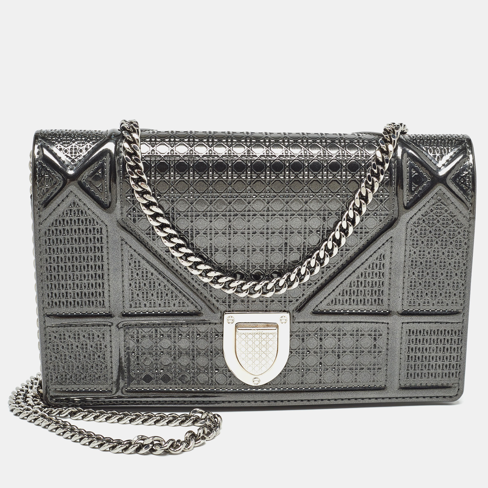 Dior dark grey micro cannage patent leather diorama wallet on chain