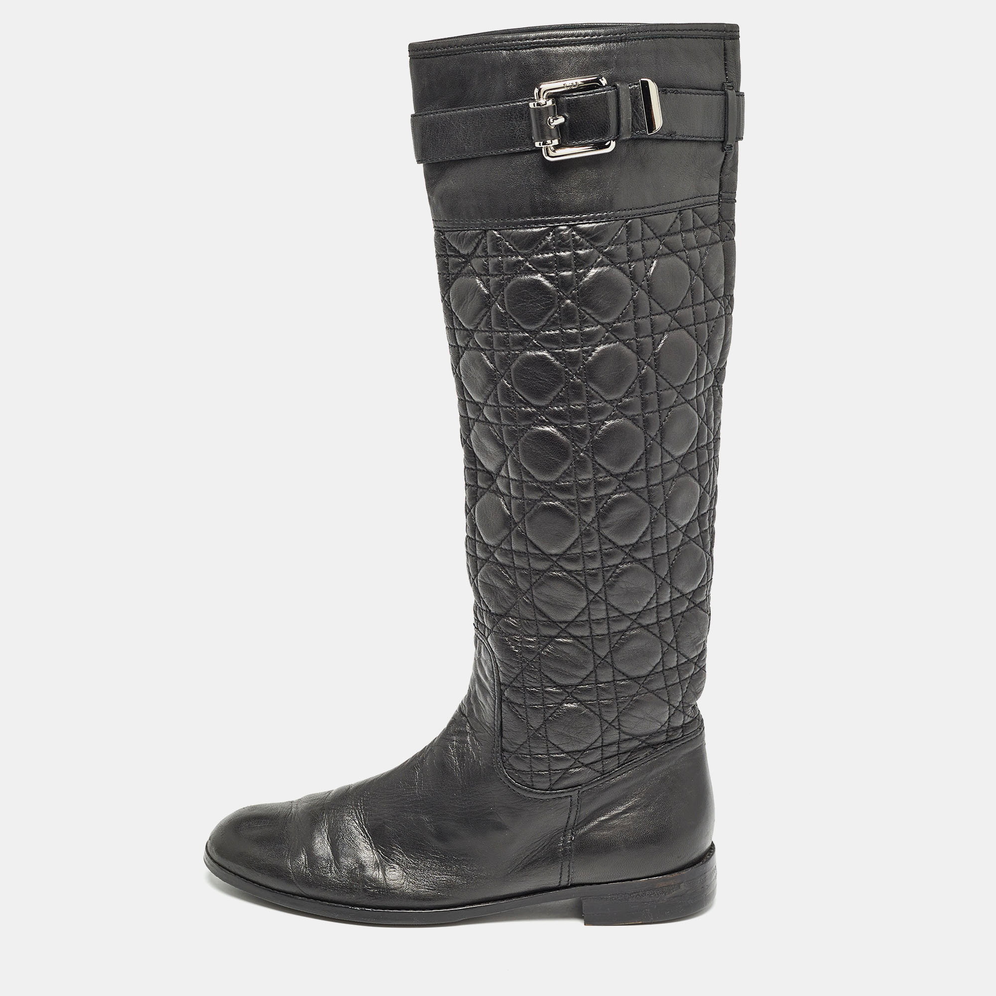Dior black quilted leather buckle detail knee length boots size 41