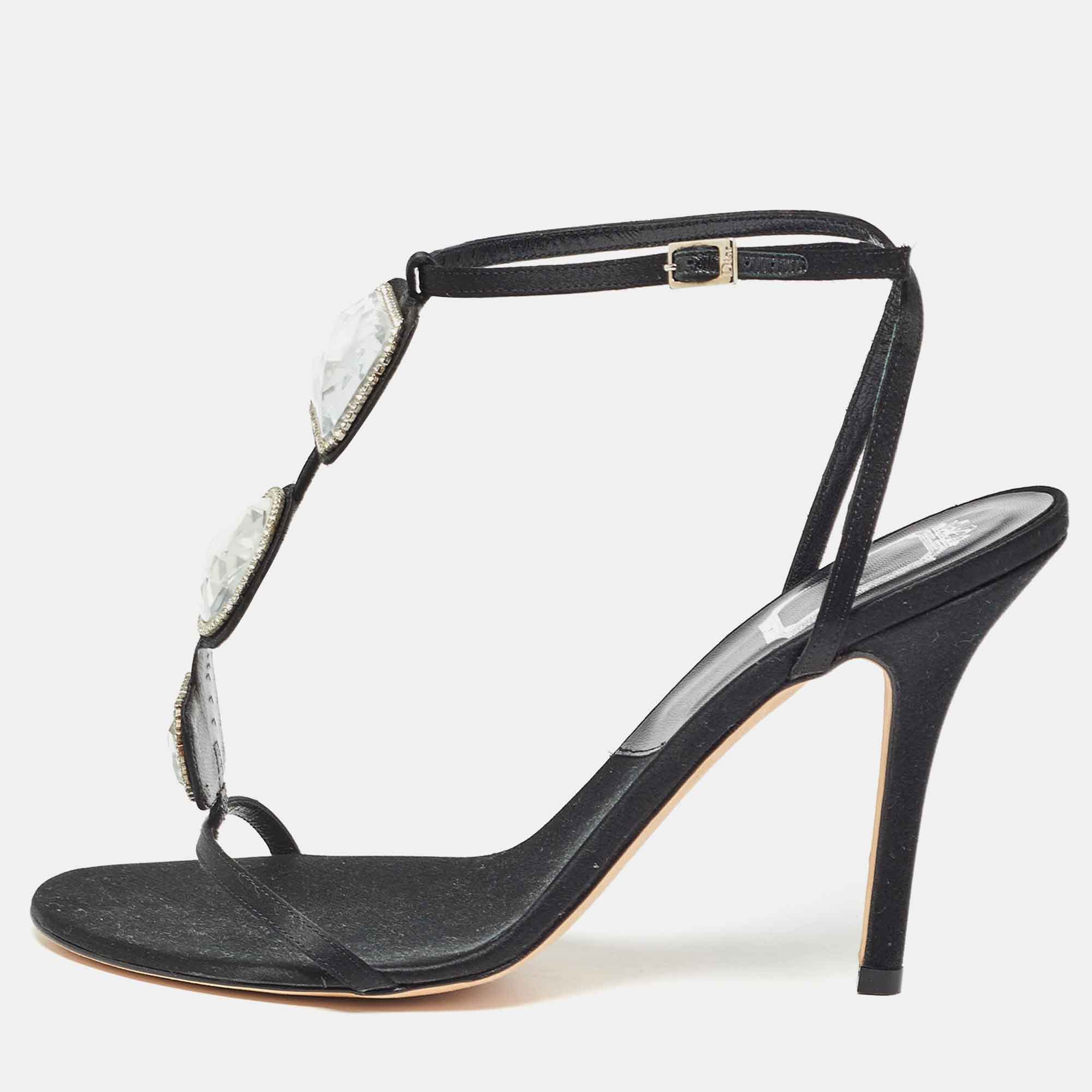 Dior black satin crystal embellished ankle strap sandals size 39.5