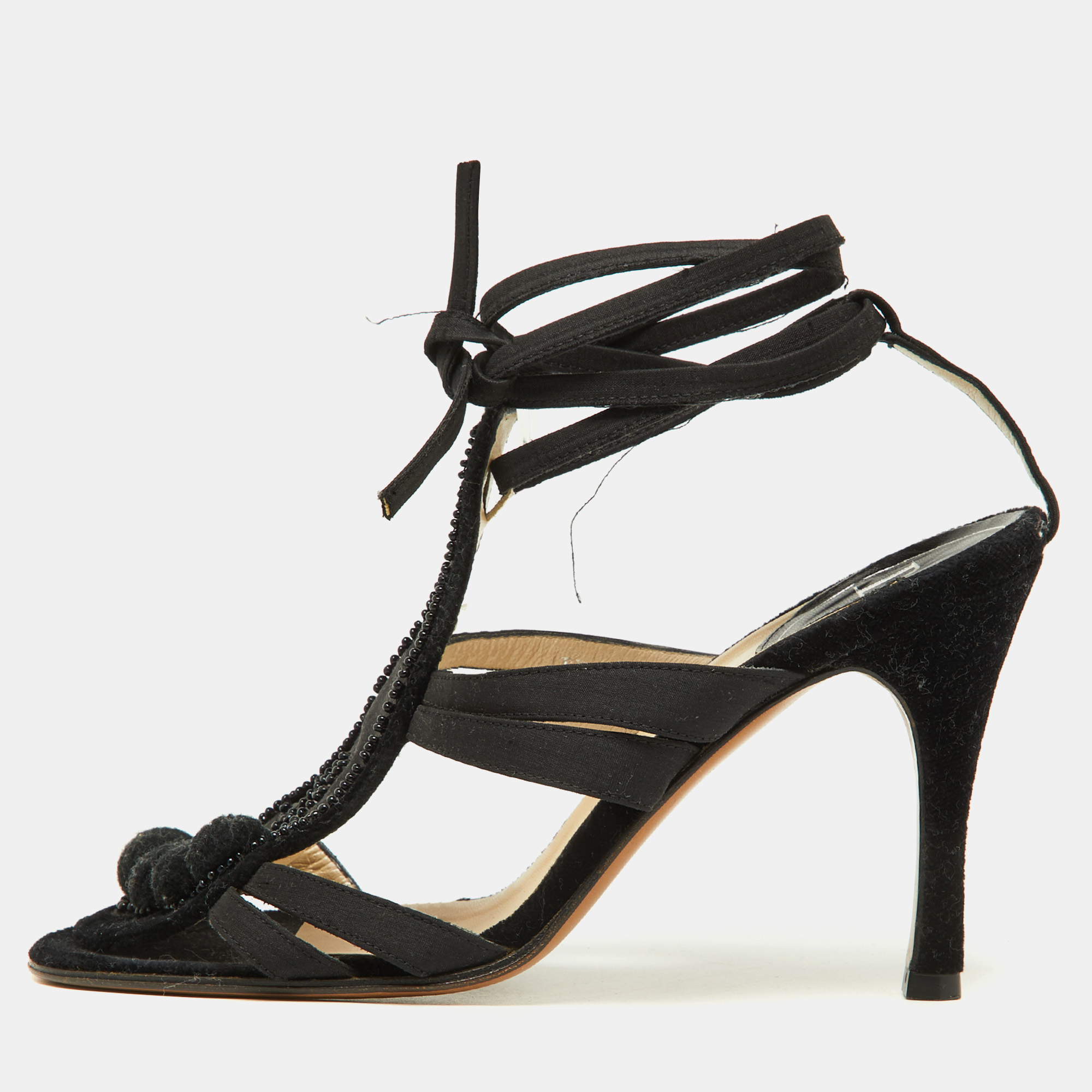 Dior black velvet and satin crystal embellished ankle strap sandals size 37