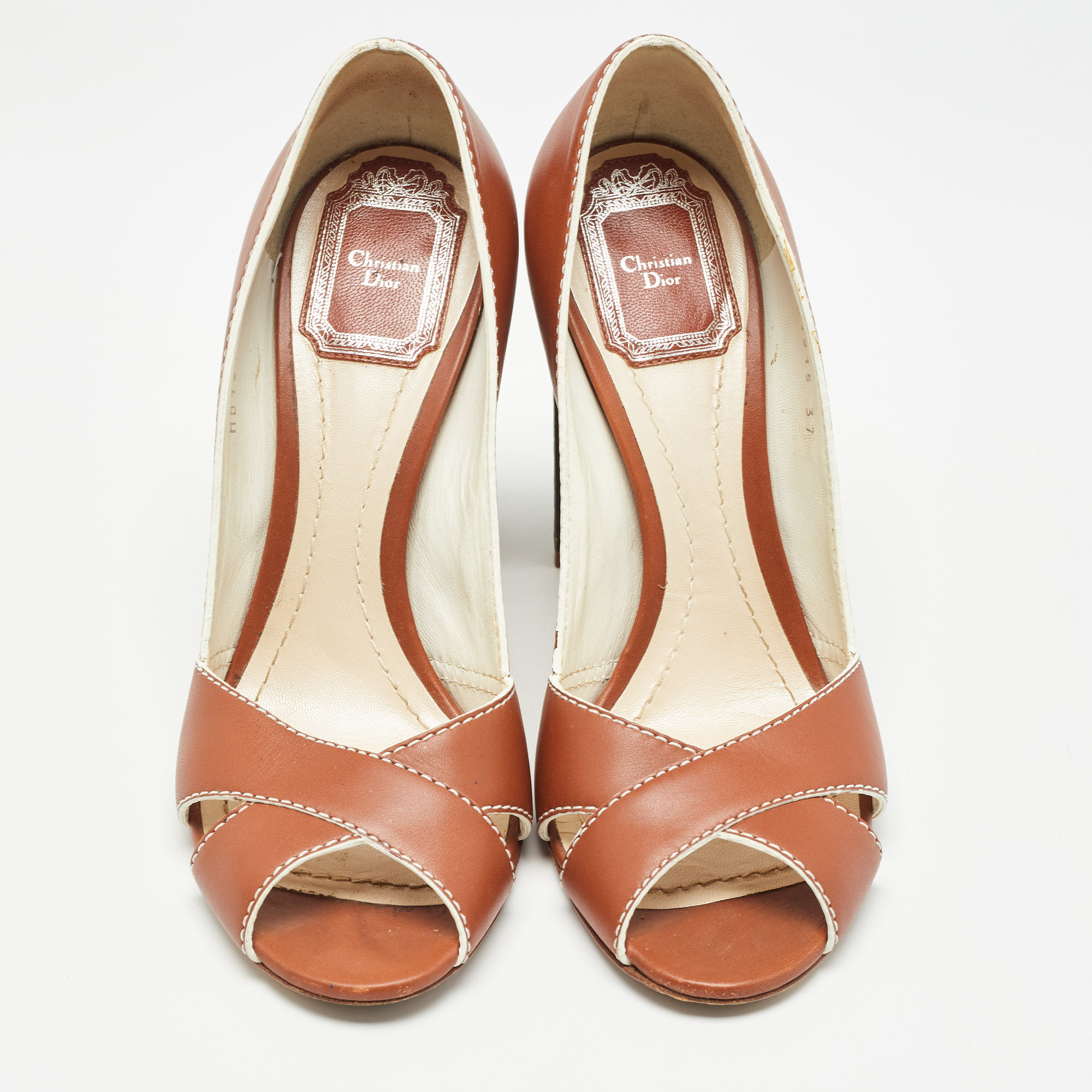 Dior Brown Leather Cannage Heel Peep Toe Pumps Size 37