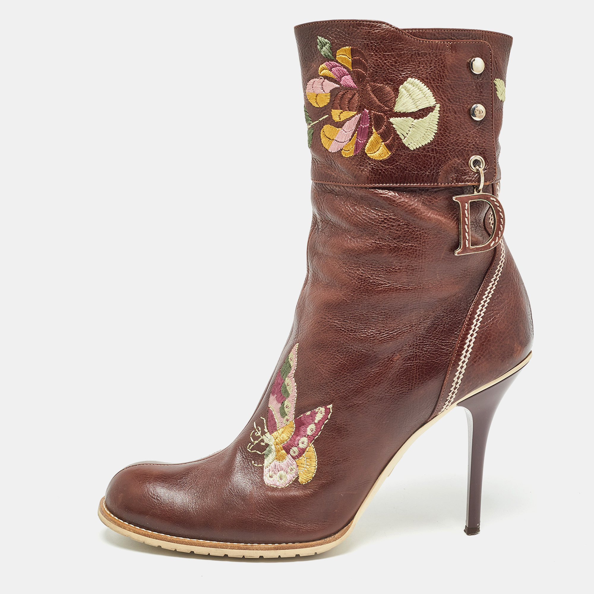 Dior brown leather flower print ankle boots size 40.5
