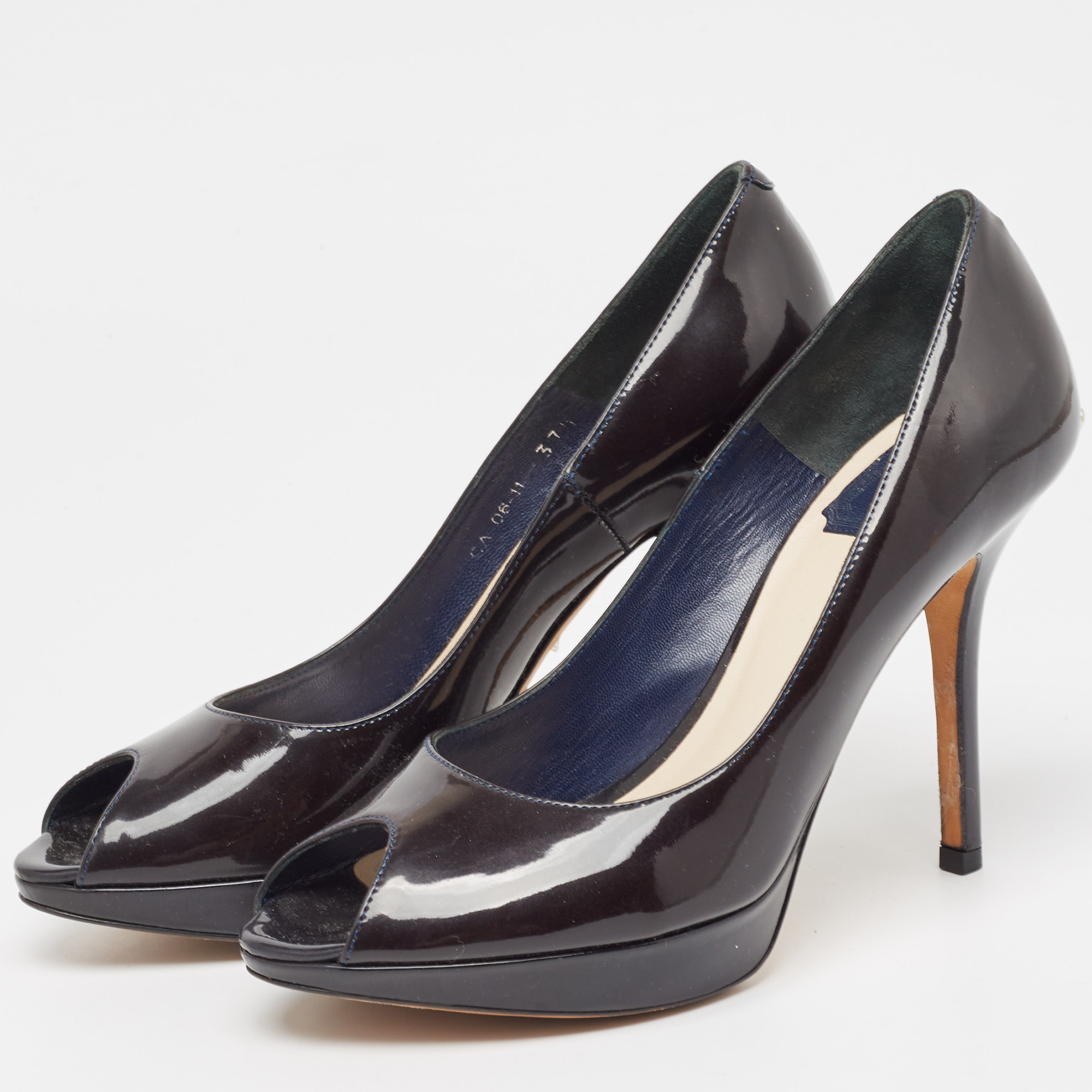 Dior Navy Blue Patent Miss Dior Peep Toe Pumps Size 37.5