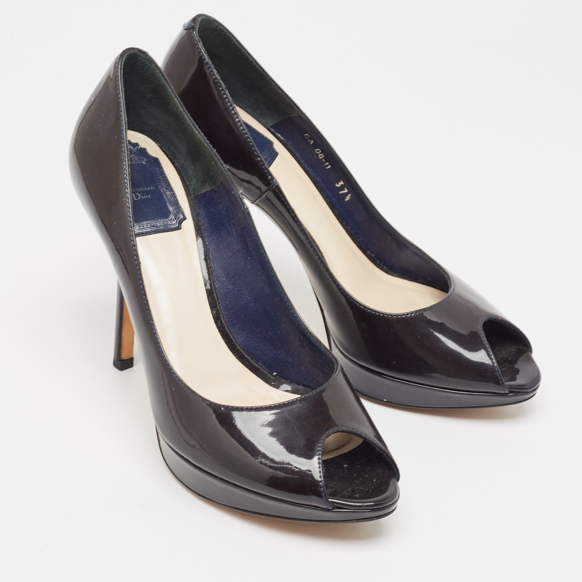 Dior Navy Blue Patent Miss Dior Peep Toe Pumps Size 37.5