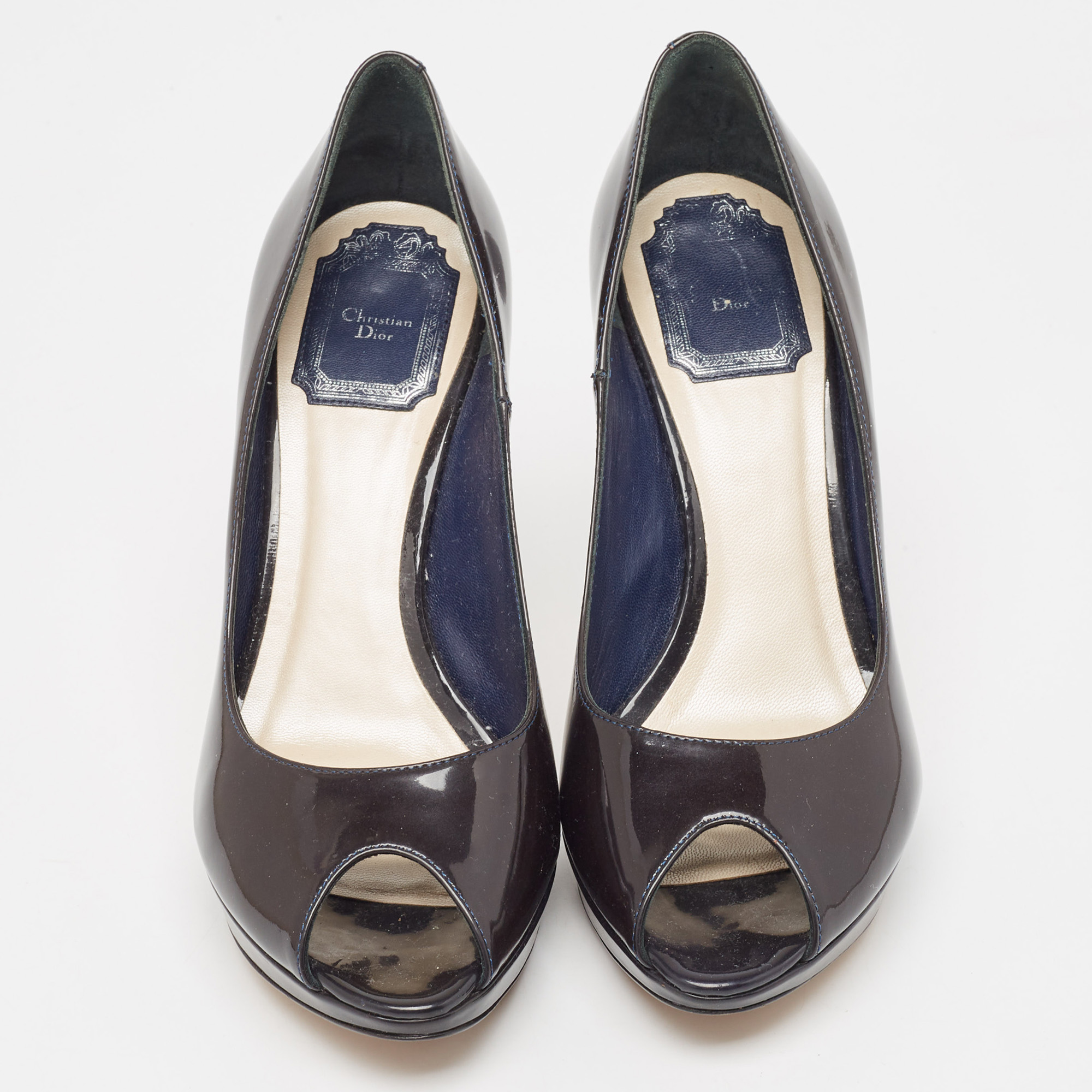 Dior Navy Blue Patent Miss Dior Peep Toe Pumps Size 37.5