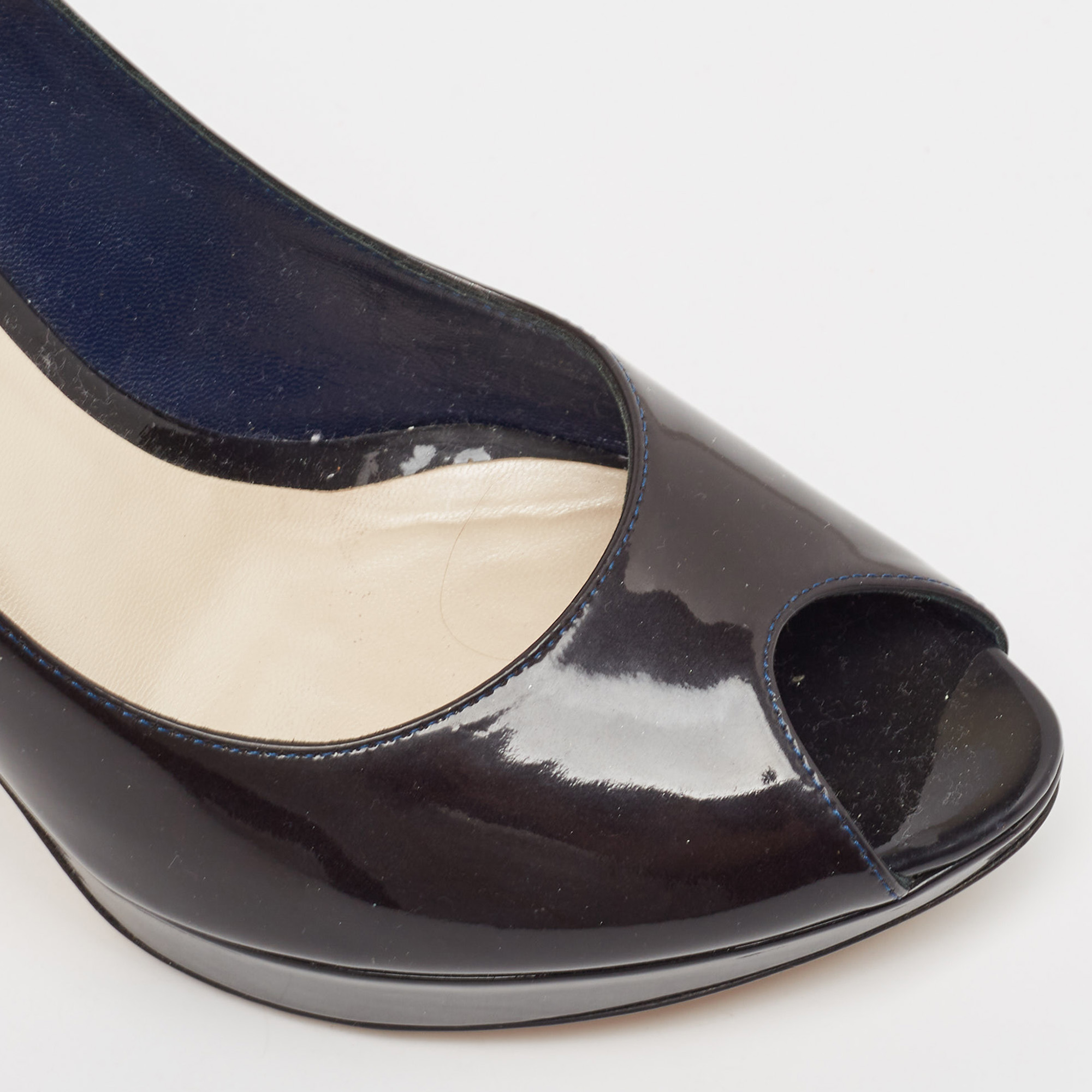 Dior Navy Blue Patent Miss Dior Peep Toe Pumps Size 37.5