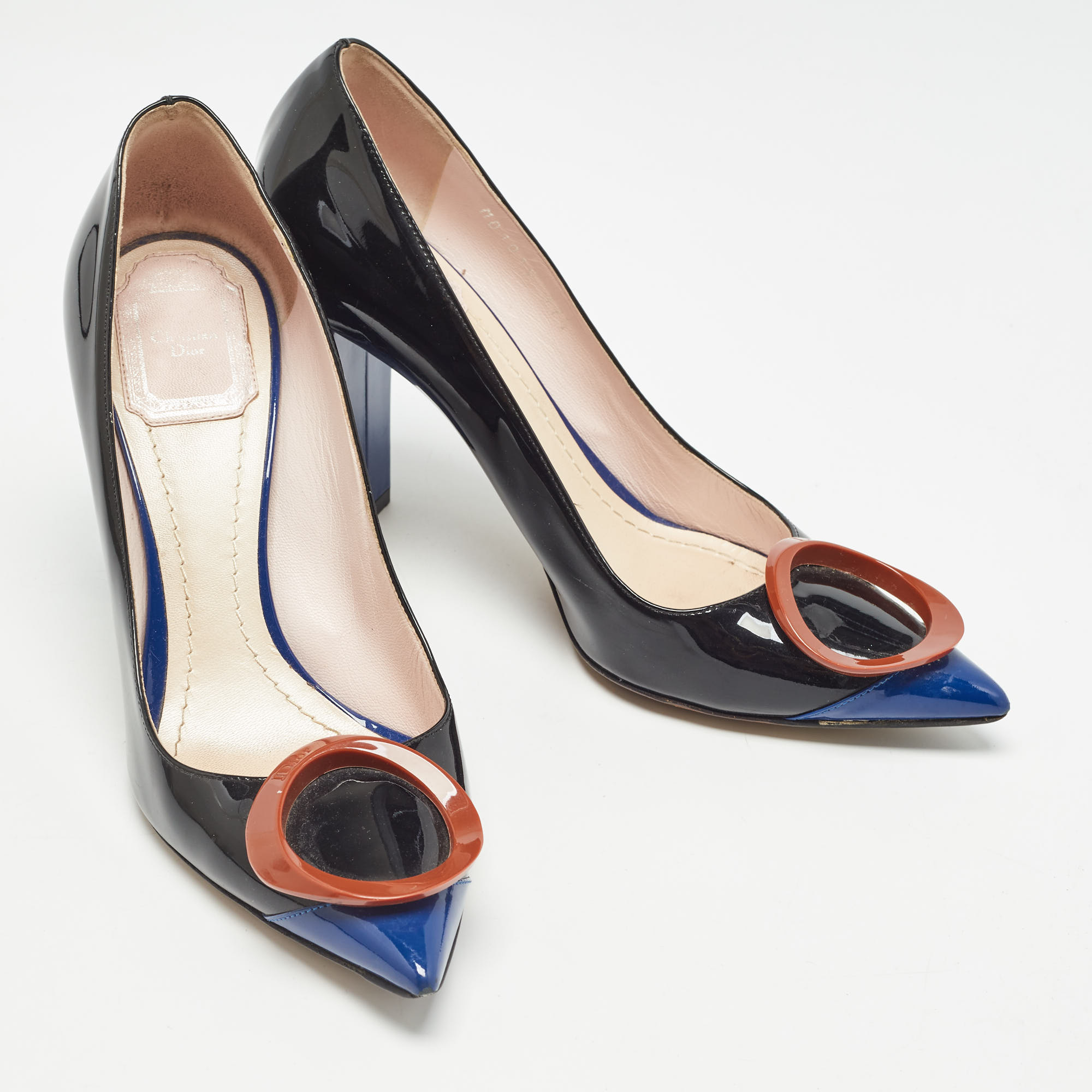 Dior Black/Blue Patent Pointed Toe Block Heel Pumps Size 37.5