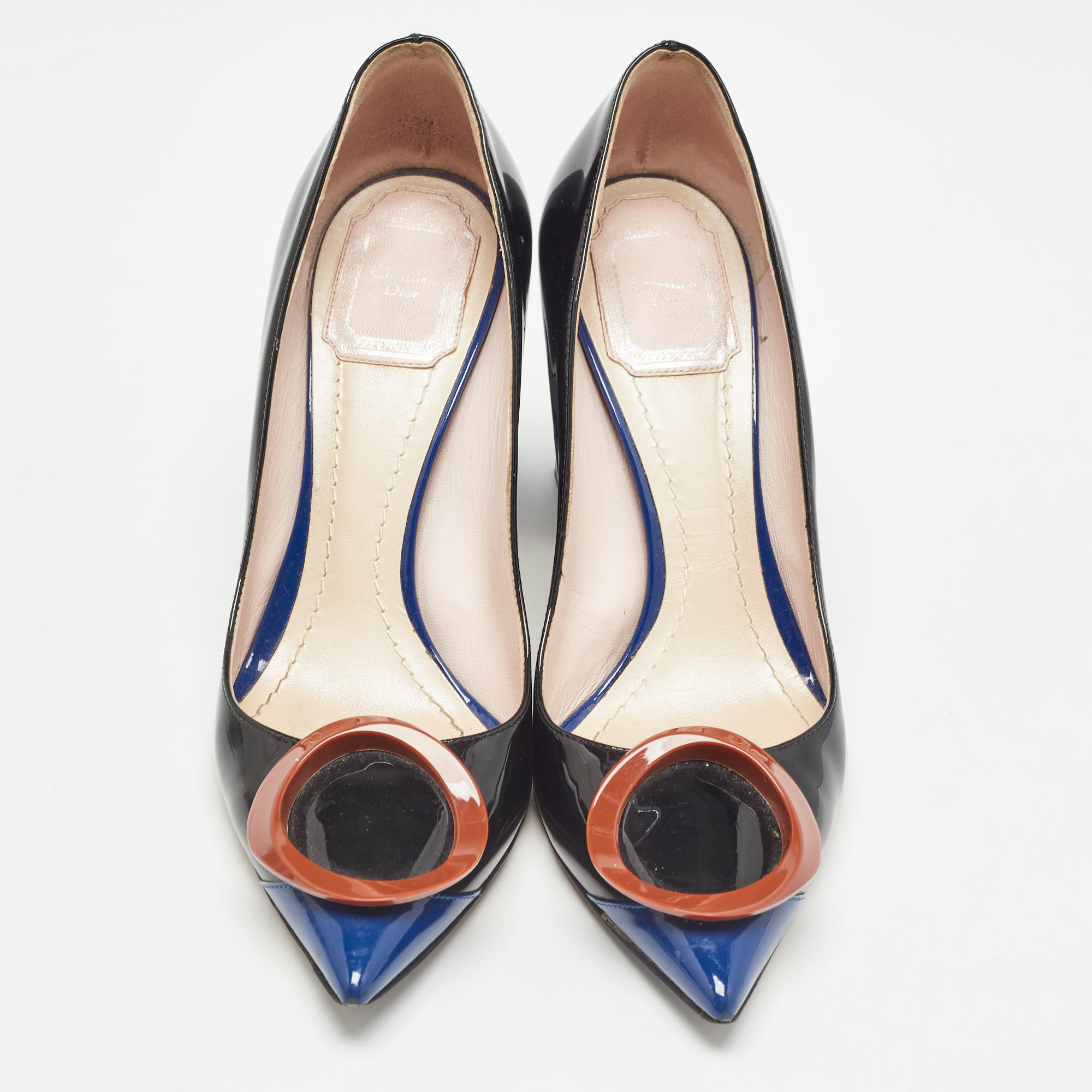 Dior Black/Blue Patent Pointed Toe Block Heel Pumps Size 37.5