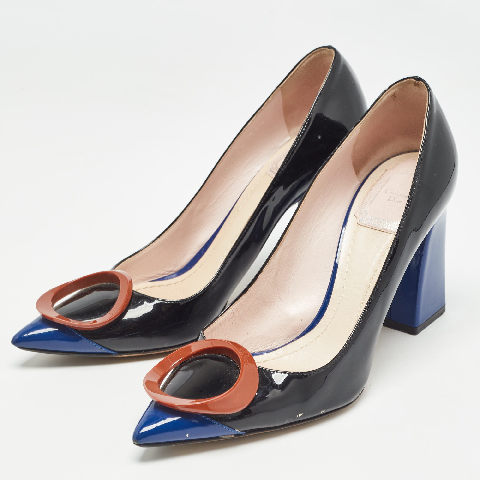 Dior Black/Blue Patent Pointed Toe Block Heel Pumps Size 37.5