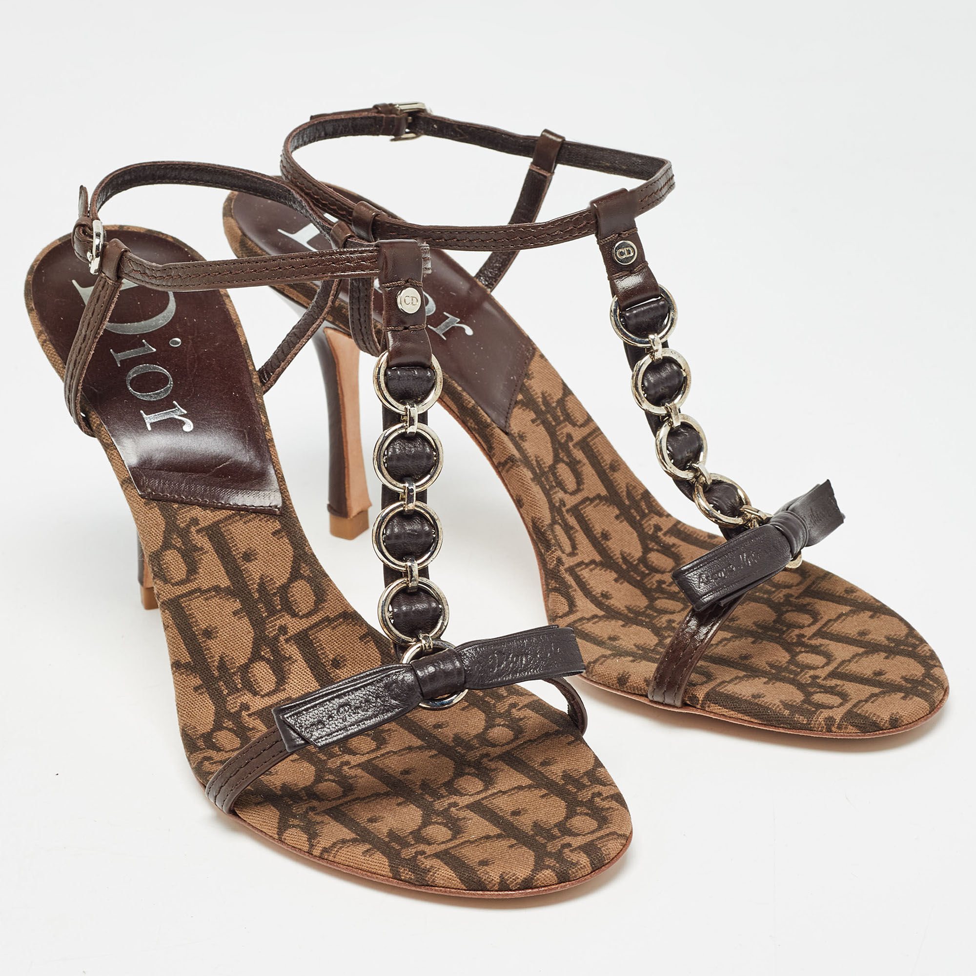 Dior Brown Leather And Canvas Embellished T Strap Sandals Size 39