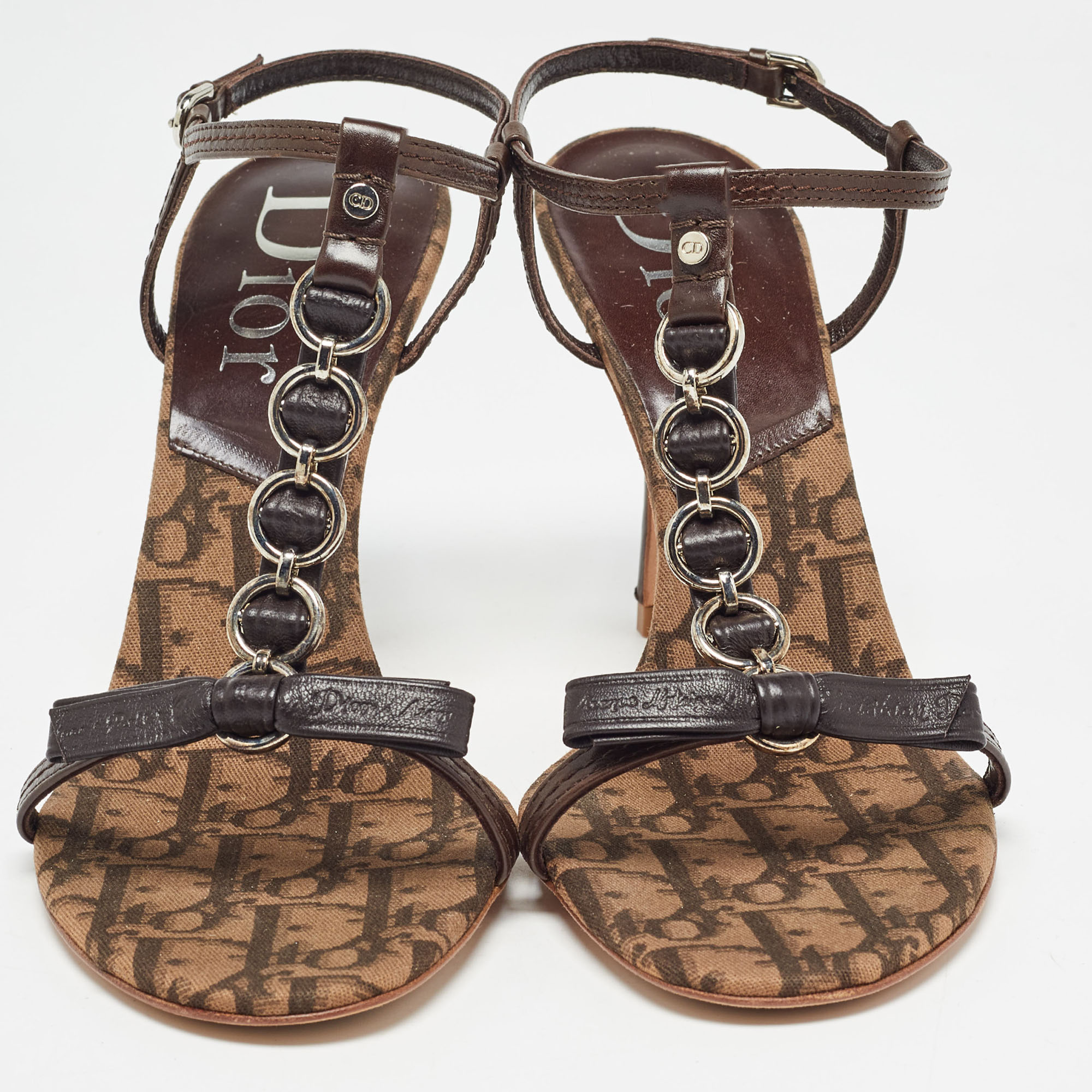 Dior Brown Leather And Canvas Embellished T Strap Sandals Size 39