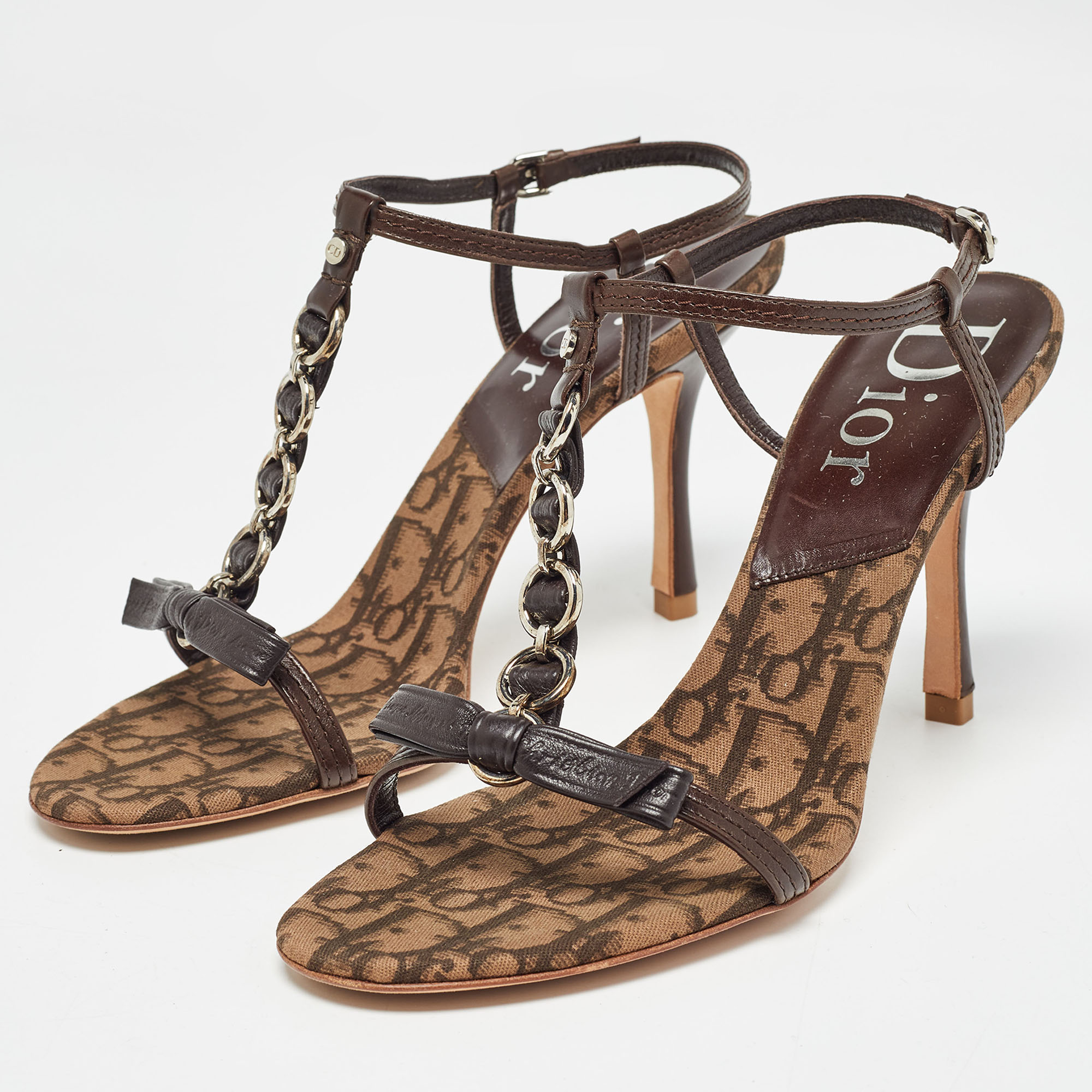 Dior Brown Leather And Canvas Embellished T Strap Sandals Size 39