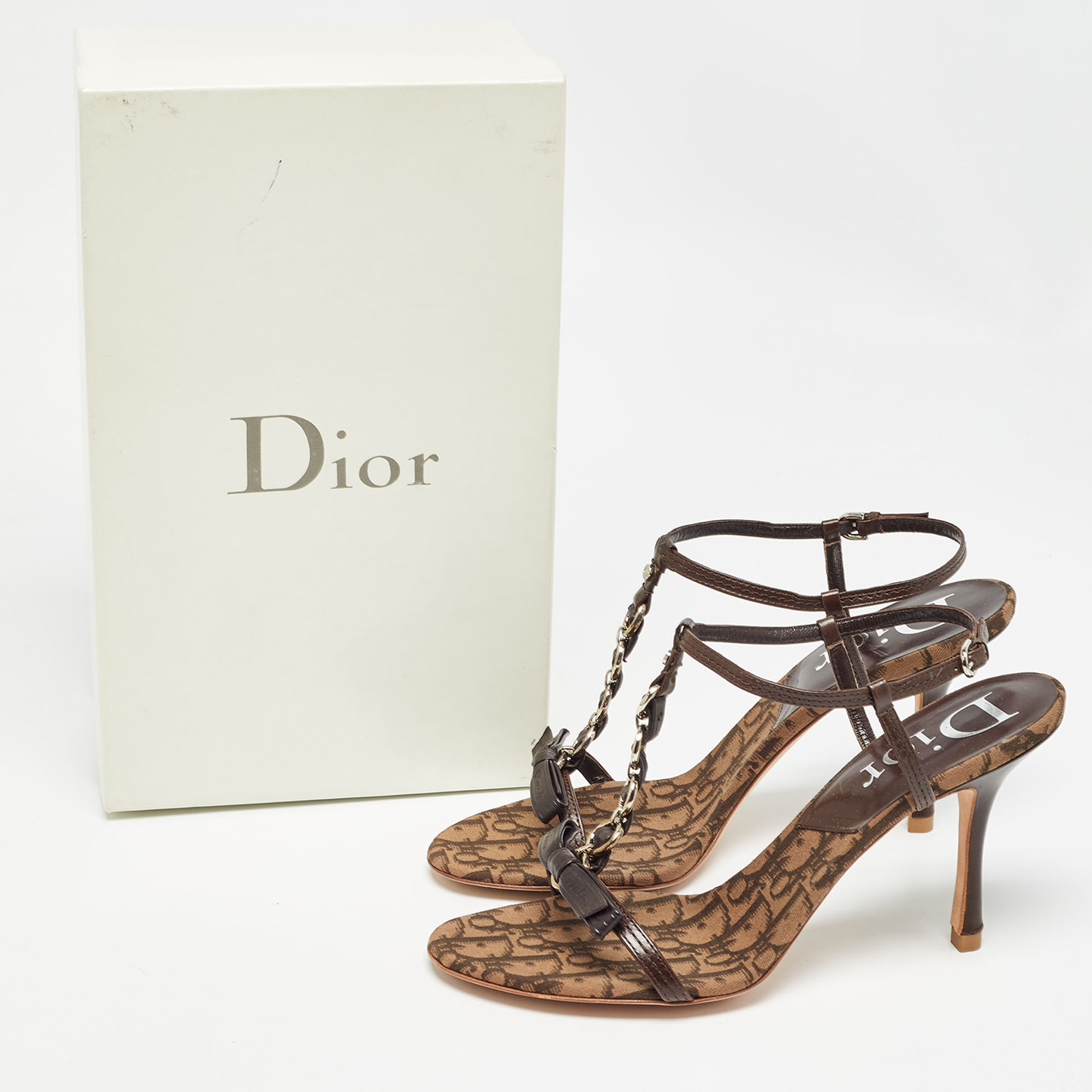 Dior Brown Leather And Canvas Embellished T Strap Sandals Size 39