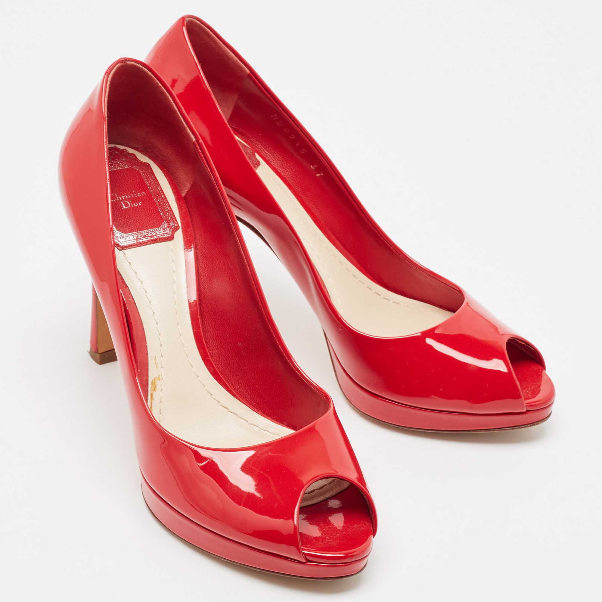 Dior Red Patent Leather Peep Toe Platform Pumps Size 37